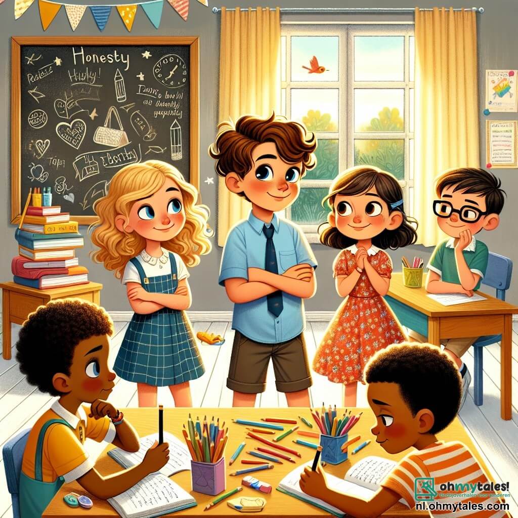 Illustratie van een scène in een heldere klaslokaal, met muren in lichtgeel en ramen die zonlicht binnenlaten. In het midden staat een groep van vier kinderen rond een houten tafel, omringd door kleurrijke boeken en verspreide vellen papier. Er is een 11-jarig jongen met bruin, krullend haar, gekleed in een blauwe t-shirt en een korte broek. Hij kijkt nadenkend met gefronste wenkbrauwen, terwijl hij een potlood in zijn hand houdt. Naast hem staat een 11-jarig meisje met lang, blond haar, in een bloemenjurk, dat glimlacht en hem aanmoedigt. Een andere 11-jarige jongen met een bril en kastanjebruin haar kijkt aandachtig met gekruiste armen, terwijl een 11-jarig meisje met zwart, kort haar, met een vastberaden blik aantekeningen maakt. De hoofd situatie toont de nadenkende jongen die zich voorbereidt om een kleine waarheid aan zijn vrienden te vertellen, terwijl de anderen aandachtig luisteren. Op de achtergrond is een schoolbord vol met kindertekeningen en woorden over eerlijkheid, wat een educatieve touch aan de scène toevoegt. Kleurpotloden en gummen zijn verspreid over de tafel, wat de creativiteit en onschuld van de kindertijd symboliseert.