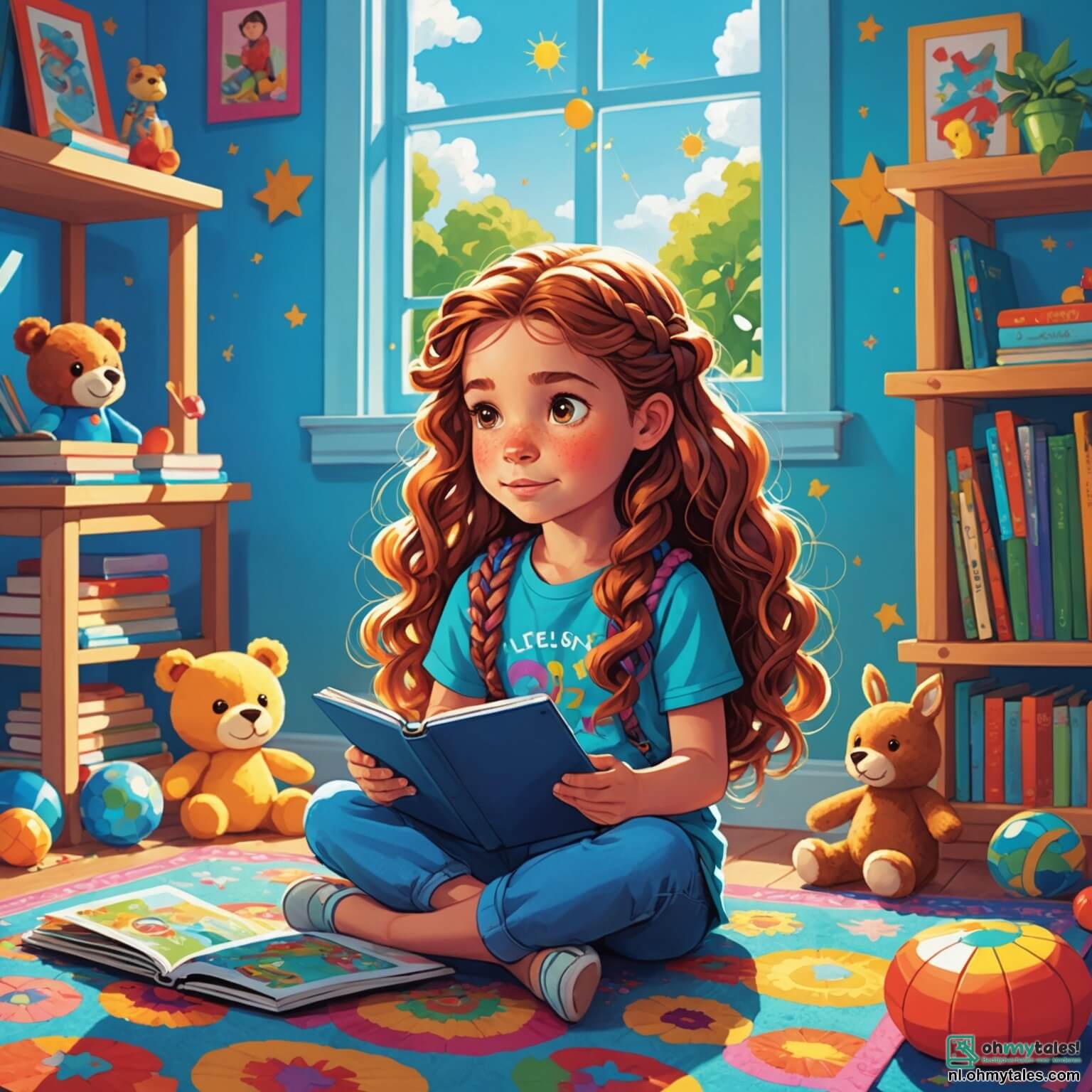 Une illustration destinée aux enfants représentant une petite fille aux longs cheveux châtains tressés, assise sur un tapis coloré dans une chambre lumineuse aux murs peints en bleu ciel, entourée de jouets éparpillés et de livres aux couvertures éclatantes, plongée dans un jeu vidéo sur sa tablette scintillante, tandis qu'à l'extérieur, le soleil brille sur un jardin verdoyant où ses amis, une fille aux cheveux bouclés et un garçon aux lunettes, l'appellent joyeusement pour venir jouer à la balle, créant ainsi un contraste entre le monde numérique captivant et l'appel irrésistible des aventures en plein air.