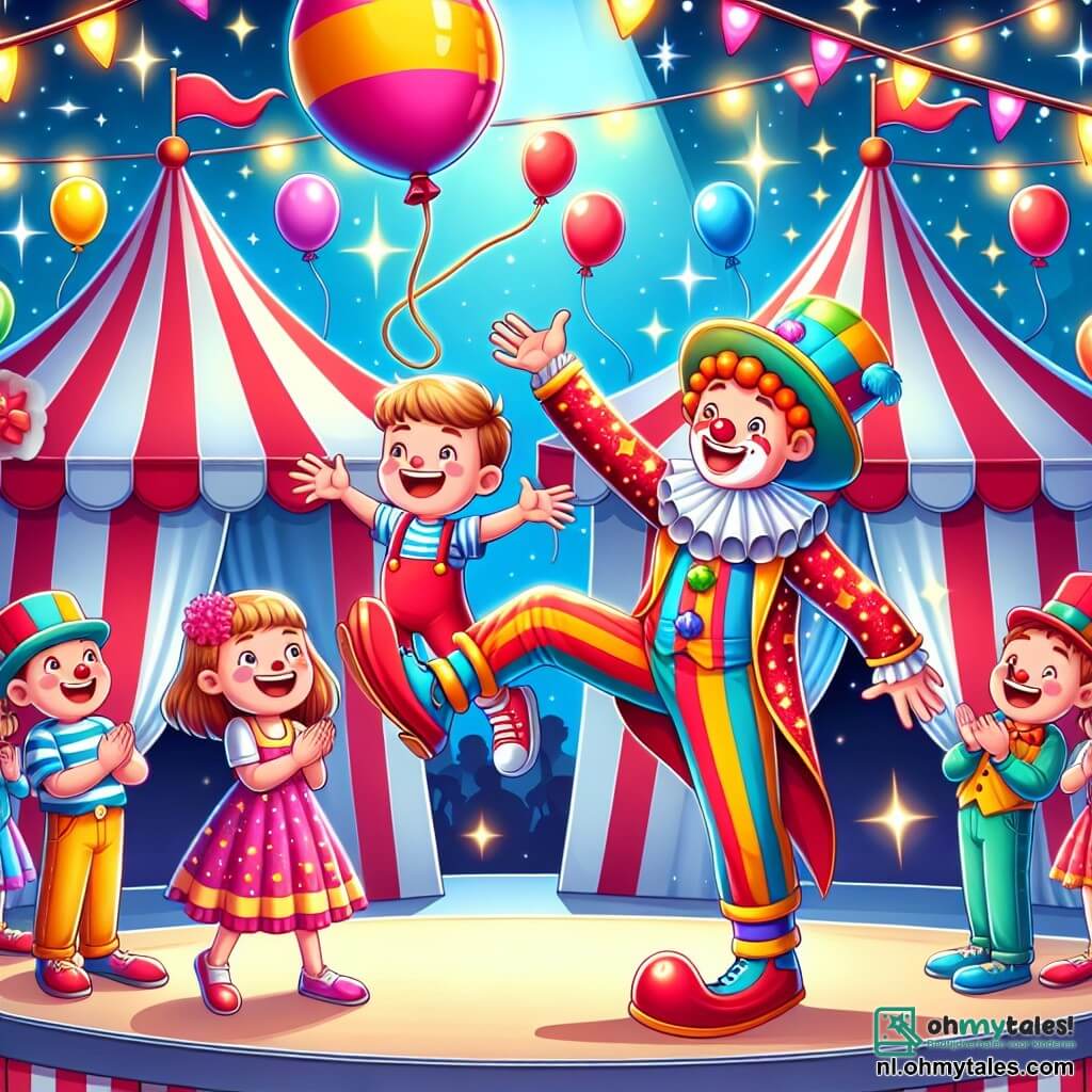 Illustratie van een levendige scène in een kleurrijke circus, met gestreepte rode en witte tenten, schitterende lichten en ballonnen die in de blauwe lucht zweven. In het midden maakt een jongen van ongeveer 10 jaar, met een grote clownshoed en een glanzend kostuum, een acrobatische sprong in de lucht met een grote glimlach op zijn gezicht. Naast hem staat een meisje van 8 jaar, gekleed in een kleurrijke jurk en met een grote jongleerbal in haar handen, die enthousiast applaudisseert. Op de achtergrond deelt een vrolijke clown, met een rode neus en gigantische schoenen, ballonnen in alle kleuren uit aan de kinderen om hem heen. De sfeer is vrolijk en feestelijk, vol met lachen en heldere kleuren, en vangt de geest van het circus.