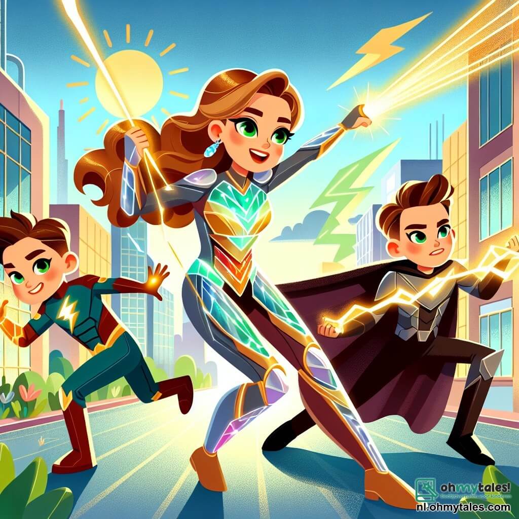 Une illustration sous forme de dessin destinée aux enfants représentant une scène dynamique dans une ville futuriste, où une jeune femme aux longs cheveux ondulés et aux yeux verts, vêtue d'un costume brillant qui change de couleur, utilise des rayons de lumière pour combattre un vilain en cape sombre, tandis que deux garçons, l'un rapide comme l'éclair avec des cheveux courts et l'autre avec des pouvoirs de terre, l'aident en créant des barrières de plantes et en distrayant le méchant, le tout sous un ciel ensoleillé qui commence à se dégager après une tempête de ténèbres.