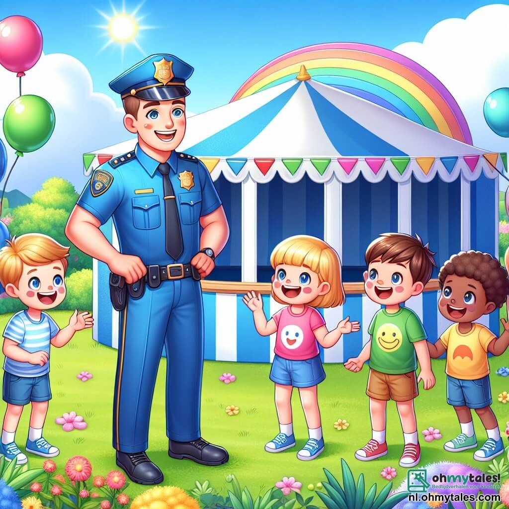 Illustratie van een zonnig park, vol weelderig groen en kleurrijke bloemen. In het midden staat een grote tent versierd met ballonnen en slingers, waar kinderen lachen en spelen rond verschillende kraampjes. Een grote, sterke man in een blauw politieuniform met een warme glimlach en sprankelende ogen staat rechtop en legt de regels van een spel uit aan de kinderen. Hij heeft kort bruin haar en een politiepet op zijn hoofd. Rondom hem luisteren verschillende kinderen van ongeveer 8 tot 10 jaar aandachtig. Een meisje met gevlochten blond haar in een roze t-shirt steekt enthousiast haar hand op om een vraag te stellen. Naast haar glimlacht een jongen met bruin haar in een groen t-shirt en lijkt hij ongeduldig om mee te doen aan het spel. De hoofdscène toont de man die het spel "Rood Licht, Groen Licht" uitlegt, terwijl de kinderen, geboeid, zich voorbereiden om te rennen zodra hij "groen" zegt. Ballonnen zweven in de lucht en er heerst een vrolijke sfeer, die de positieve interactie tussen de politie en de kinderen symboliseert.