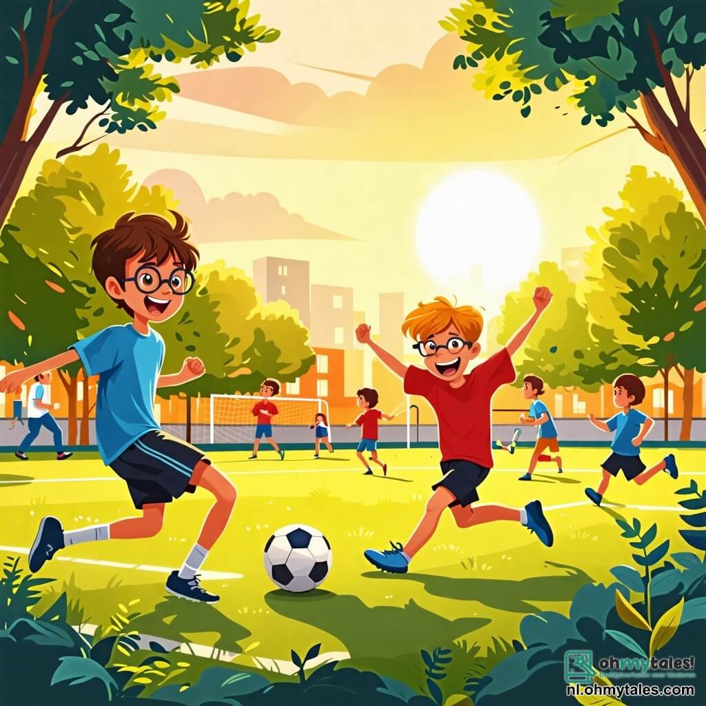Illustratie van een schoolplein, verlicht door het gouden licht van de middagzon. Groene bomen omringen het speelgebied, en kinderen lachen en rennen rond een groot voetbalveld. Op de voorgrond dribbelt een 11-jarig jongetje met bruin, wild haar en ronde bril, gekleed in een blauwe t-shirt en zwarte shorts, met een glimlach van vreugde en vastberadenheid. Naast hem staat een andere jongen van ongeveer 11 jaar met blond haar en sproeten in een rood voetbalshirt, die zijn armen in de lucht steekt om zijn vriend aan te moedigen een doelpunt te maken. Op de achtergrond zitten verschillende kinderen, jongens en meisjes, op banken, pratend en lachend, wat een gezellige en levendige sfeer creëert. De hoofdsituatie toont de jongen die zich concentreert op het spel terwijl zijn vriend hem aanmoedigt, wat het belang van vriendschap en steun in veranderende tijden symboliseert. Extra grafische elementen zijn een helderblauwe lucht met enkele witte wolken en speelgoed verspreid over de grond, wat een levendige toets aan deze blije scène toevoegt.