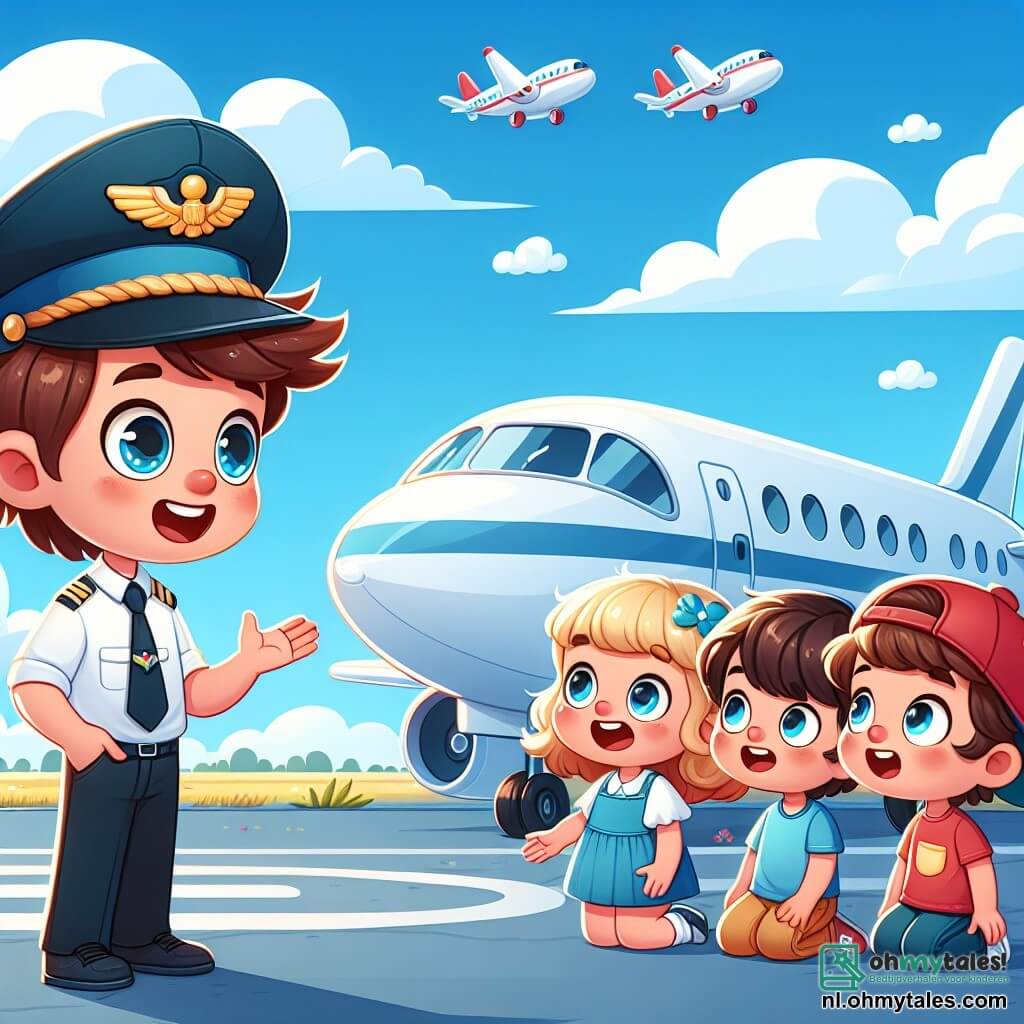Une illustration sous forme de dessin destinée aux enfants représentant un petit aéroport ensoleillé avec un avion blanc aux ailes bleues garé sur le tarmac, où un jeune homme aux cheveux bruns et aux lunettes de pilote, souriant et vêtu d'une combinaison de vol, explique avec enthousiasme le fonctionnement de son avion à un groupe de trois enfants : une fille aux cheveux blonds en robe bleue, un garçon avec une casquette rouge et un autre garçon aux cheveux bruns, tous les yeux brillants d'émerveillement, tandis que des nuages moelleux flottent dans le ciel bleu.