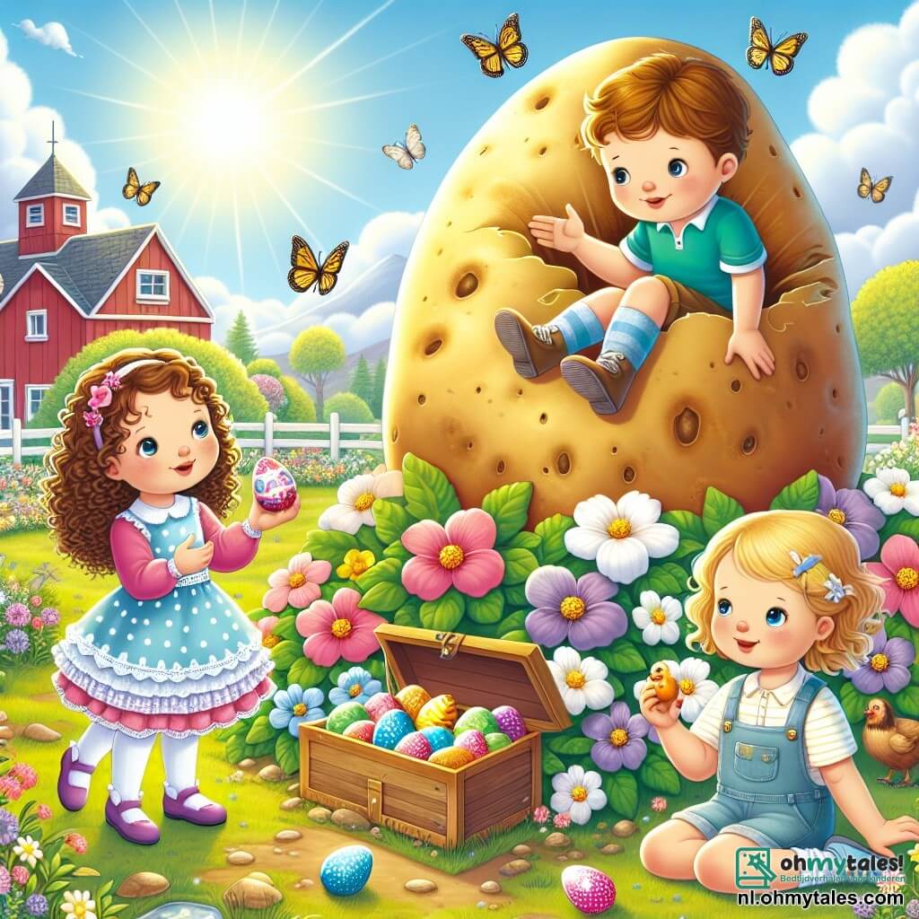 Illustratie van een zonnige scène op een charmante boerderij tijdens Pasen. Op de voorgrond staat een grote, majestueuze aardappel omringd door kleurrijke bloemen, met vlinders die eromheen fladderen. Drie kinderen zijn aanwezig: een zevenjarig meisje met krullend blond haar, gekleed in een roze jurk met witte stippen, die een klein versierd ei in haar handen houdt. Naast haar staat een ander zevenjarig meisje met steil bruin haar, gekleed in een blauwe blouse en een spijkerbroek, dat verwonderd kijkt naar een open houten kist met gekleurde eieren. Ten slotte wijst een zevenjarige jongen met rommelig kastanjebruin haar, gekleed in een groene t-shirt en een beige short, naar een glanzend ei dat hij net in het gras heeft ontdekt. Op de achtergrond is de boerderij zichtbaar met een rode schuur en kippen die de grond afschrapen, terwijl een heldere blauwe lucht met enkele witte wolken een vleugje zachtheid aan de scène toevoegt.