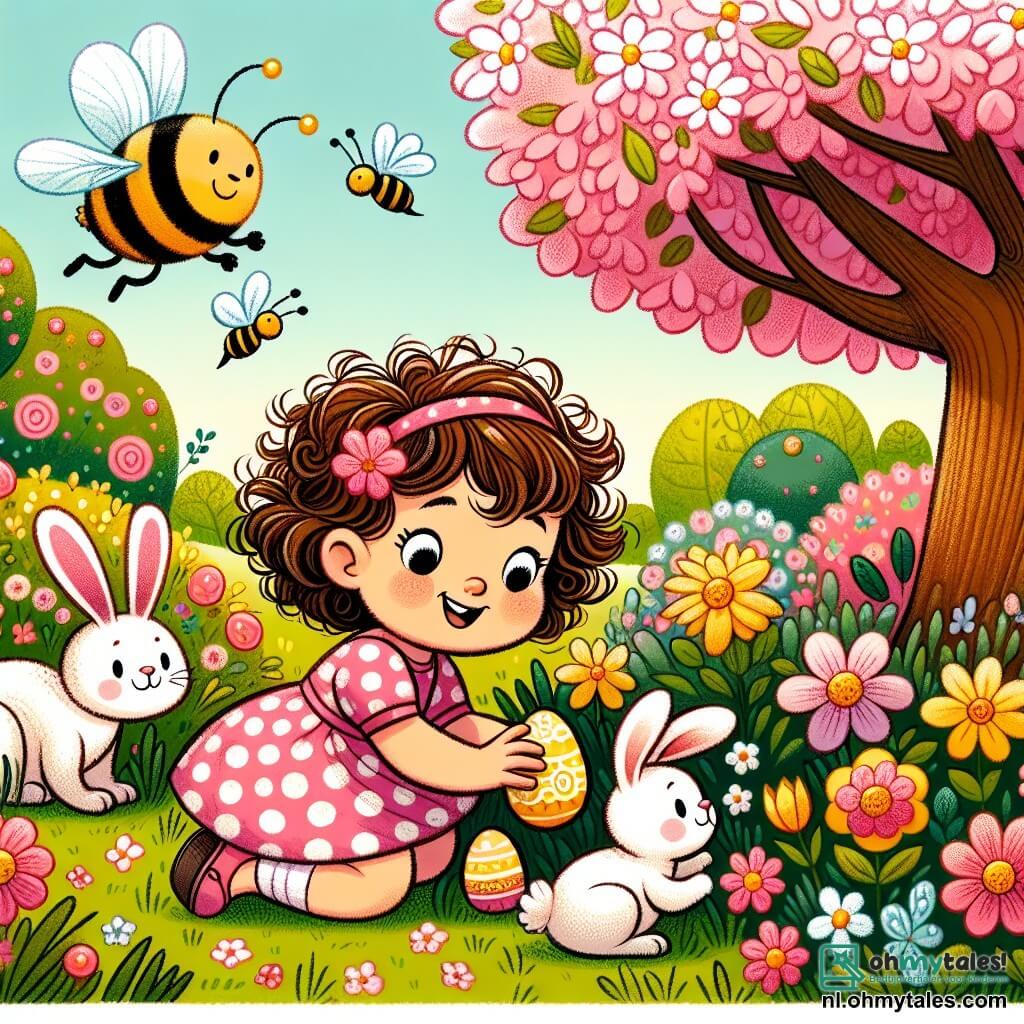 Une illustration sous forme de dessin destinée aux enfants représentant un jardin coloré au printemps, avec des fleurs éclatantes et un grand arbre, où une petite fille de 3 ans aux cheveux bouclés et portant une robe rose à pois blancs est accroupie, souriante, en train de chercher des œufs de Pâques cachés dans l'herbe, tandis qu'à ses côtés, un petit lapin aux grandes oreilles blanches et un bourdonnement joyeux d'une abeille jaune et noire volent autour d'eux, tous deux aidant la fillette dans sa quête pour trouver le précieux œuf doré.