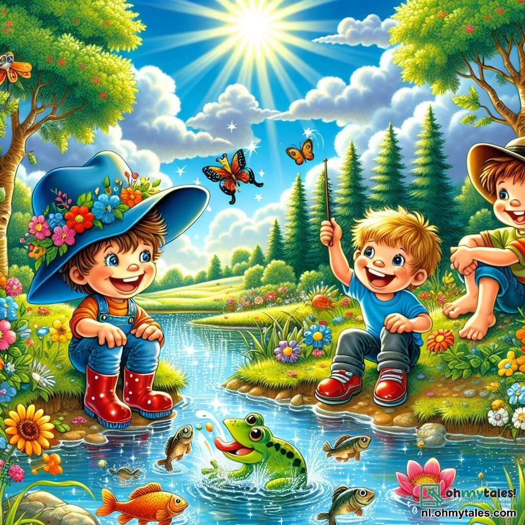 Illustratie van een zonnige scène aan de oever van een glinsterende rivier, omringd door kleurrijke bloemen en grote bomen met dansende bladeren. Op de voorgrond drie jongens van ongeveer 8 jaar: de eerste, een jongen met bruin haar, draagt een grote en grappige blauwe hoed en glimlacht vrolijk; de tweede, een jongen met blond haar, draagt glanzende rode schoenen en lacht terwijl hij naar de vissen kijkt die uit het water springen; de derde, een jongen met kastanjebruin haar, houdt een toverstok vast en maakt grappige gebaren alsof hij een spreuk uitspreekt. De belangrijkste situatie toont de jongens die plezier hebben aan de oever van de rivier, omringd door vissen die vrolijk het water opspatten, terwijl een grote groene kikker hen met een ondeugende blik observeert. Lachende bubbels zweven om hen heen, en de lucht is helderblauw met enkele pluizige wolken. Kleurrijke vlinders fladderen rond en voegen een vleugje magie toe aan deze speelse en vrolijke scène.