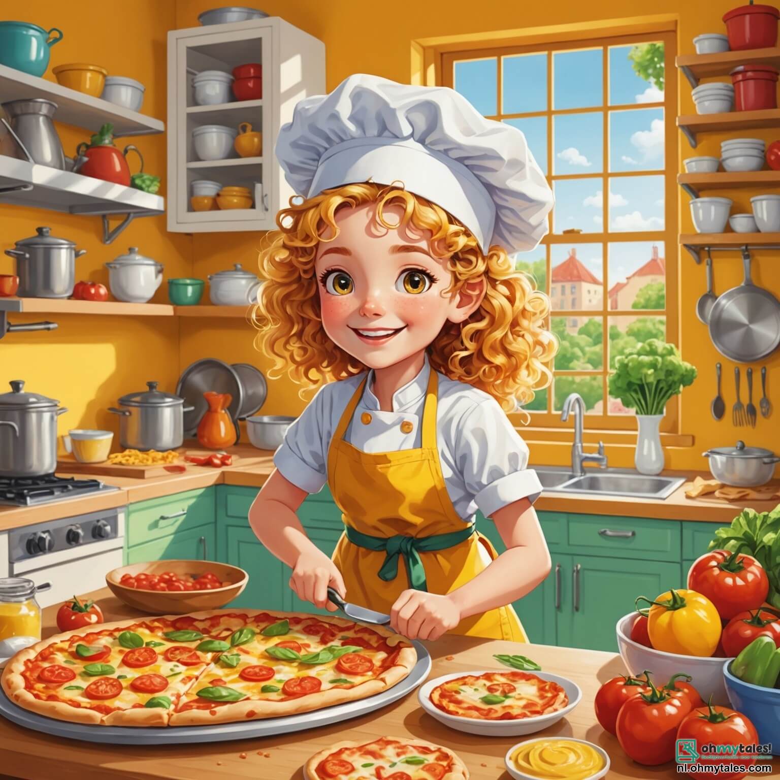 Une illustration destinée aux enfants représentant une joyeuse chef cuisinière aux cheveux bouclés et dorés, vêtue d'une toque blanche et d'un tablier coloré, qui, dans sa cuisine lumineuse aux murs jaunes éclatants, où les fenêtres laissent entrer la douce lumière du soleil et où les étagères débordent de pots d'épices colorés et de légumes frais, s'affaire à préparer une délicieuse pizza avec l'aide de deux enfants, un garçon aux yeux pétillants et une fille pleine de curiosité, tous deux riant et dansant autour de la grande table en bois, tandis que les arômes envoûtants de la pâte à pain et des tomates juteuses flottent dans l'air, créant une atmosphère chaleureuse et magique.