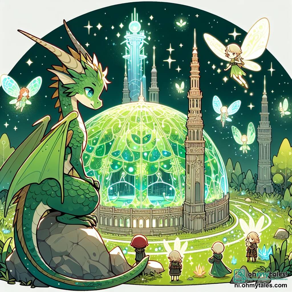 Une illustration sous forme de dessin destinée aux enfants représentant un dôme de verdure magique dans le parc de la ville Lumina, où un jeune dragon aux écailles scintillantes comme des étoiles, aux yeux pétillants de curiosité, se tient fièrement sur un rocher, observant avec détermination un groupe de petites fées lumineuses aux ailes délicates, qui volent autour de lui en discutant, alors qu'ils planifient ensemble comment sauver la majestueuse Tour de Twinkel, un bâtiment ancien et mystérieux, de la destruction imminente par les humains.