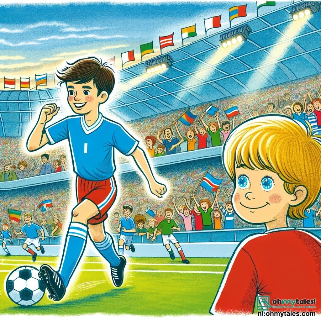 Une illustration sous forme de dessin destinée aux enfants représentant un stade de football vibrant de couleurs, avec des gradins remplis de fans enthousiastes brandissant des drapeaux, au centre un homme athlétique aux cheveux bruns et courts, portant un maillot bleu, dribblant habilement le ballon avec un sourire déterminé sur le visage, tandis qu'un garçon aux cheveux blonds, vêtu d'un t-shirt rouge, l'observe avec admiration, les yeux brillants d'excitation, capturant l'instant où le joueur se prépare à marquer un but décisif dans une grande compétition.