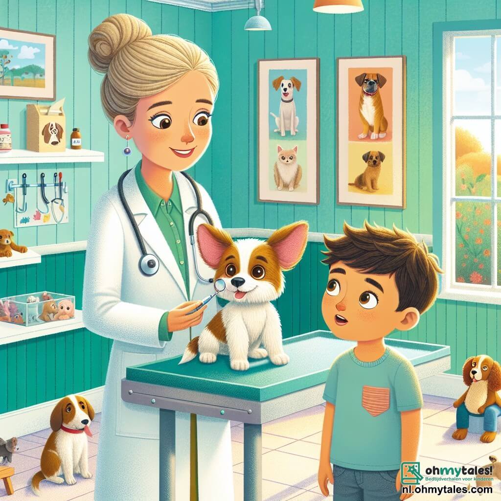 Illustratie van een lichte en uitnodigende dierenkliniek, met pastelgroene muren en kleurrijke dierenposters aan de wanden. In het midden staat een glimlachende vrouwelijke dierenarts van ongeveer dertig jaar, met een blonde bun en een witte jas, die aandachtig een kleine hond met grote oren onderzoekt, zittend op een consultatietafel. Naast haar staat een jongen van ongeveer 8 jaar met rommelig bruin haar en een blauwe t-shirt, die met grote ogen toekijkt terwijl hij een hondenspeeltje in zijn armen houdt. De scène straalt een sfeer van nieuwsgierigheid en leren uit, met dieren speelgoed verspreid rondom en een raam dat zonlicht binnenlaat, waardoor de verwonderde gezichten van de aanwezige kinderen worden verlicht.
