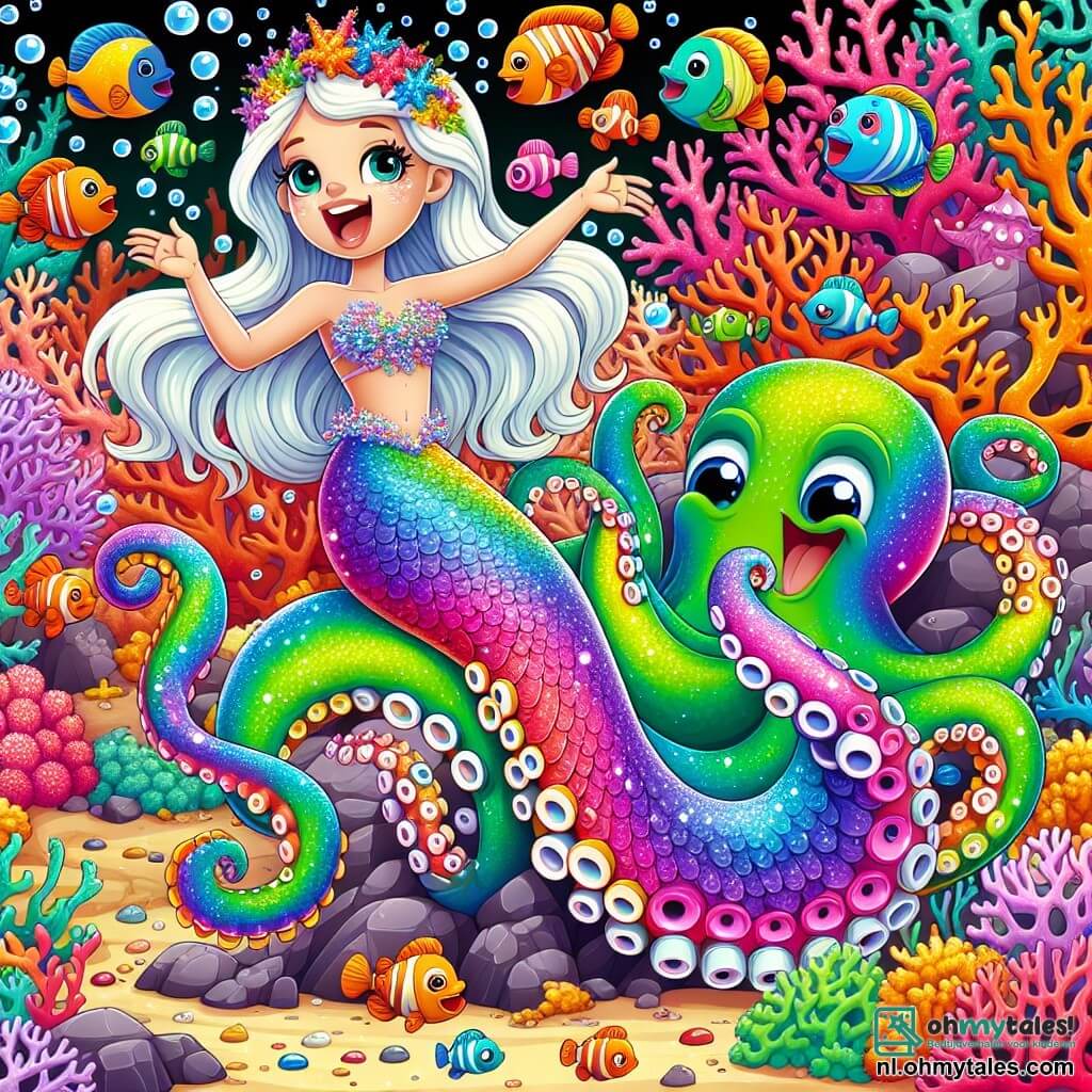 Une illustration sous forme de dessin destinée aux enfants représentant un magnifique récif corallien coloré sous l'eau, où une sirène aux écailles scintillantes de toutes les couleurs de l'arc-en-ciel, avec de longs cheveux flottants et un sourire éclatant, se tient joyeusement en train de faire des bruits amusants, entourée de petits poissons multicolores qui dansent autour d'elle, tandis qu'un grand octopus aux bras vibrants et aux couleurs changeantes, avec une expression amusée, participe à un concours de bruits hilarants, créant une atmosphère joyeuse et ludique pleine de rires et de camaraderie.