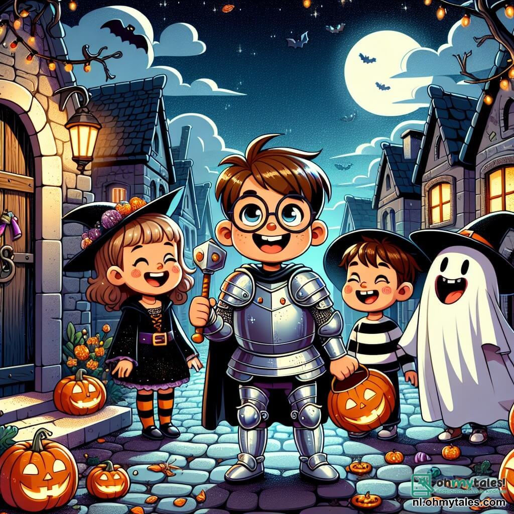 Illustratie van een Halloween-scène in een oude wijk. Op de achtergrond een geplaveide straat met oude huizen, versierd met verlichte pompoenen en glinsterende spinnenwebben. De maan straalt hoog aan de hemel en werpt een zachte, mysterieuze licht op de scène. In het midden staat een zesjarig jongetje in een ridderkostuum met glanzende kartonnen wapenrusting, die met een glimlach een nepsabel omhoog houdt. Naast hem staat een zesjarig meisje met krullend haar en een bril, gekleed in een grote zwarte heksenjurk en een puntige hoed, dat vrolijk lacht. Een andere zesjarige jongen, gewikkeld in een wit laken, met grote ogen en een brede glimlach, stelt een vriendelijk spook voor en houdt een kleine lantaarn vast. De hoofdscène toont de kinderen die samen plezier hebben, lachend en zich voorbereidend om op de deur van een voor Halloween versierd huis te kloppen. Kleurrijke snoepjes stromen uit hun zakken en er heerst een feestelijke, vrolijke sfeer, vol magie en vriendschap. Flonkerende sterren en vallende herfstbladeren draaien om hen heen, wat de magie van deze Halloween-nacht versterkt.