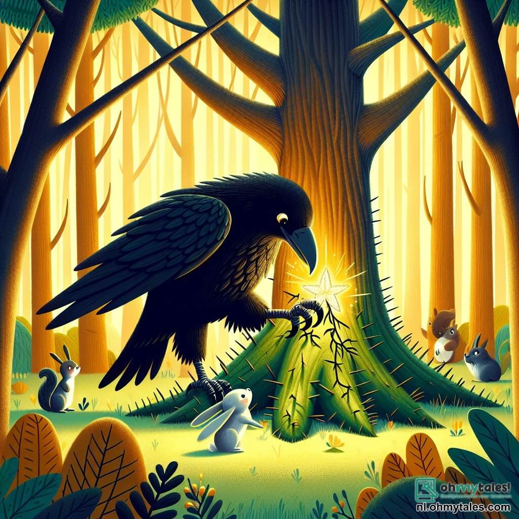Une illustration sous forme de dessin destinée aux enfants représentant une forêt verdoyante avec une grande, majestueuse arbre au centre, où un corbeau aux plumes noires brillantes et aux yeux pétillants tire avec détermination une étoile scintillante, piégée dans une buisson épineux, tandis qu'une douce lumière dorée filtre à travers les feuilles, créant une atmosphère magique et pleine d'espoir, et où des petits animaux curieux, comme un écureuil et un lapin, regardent la scène avec admiration et encouragement.