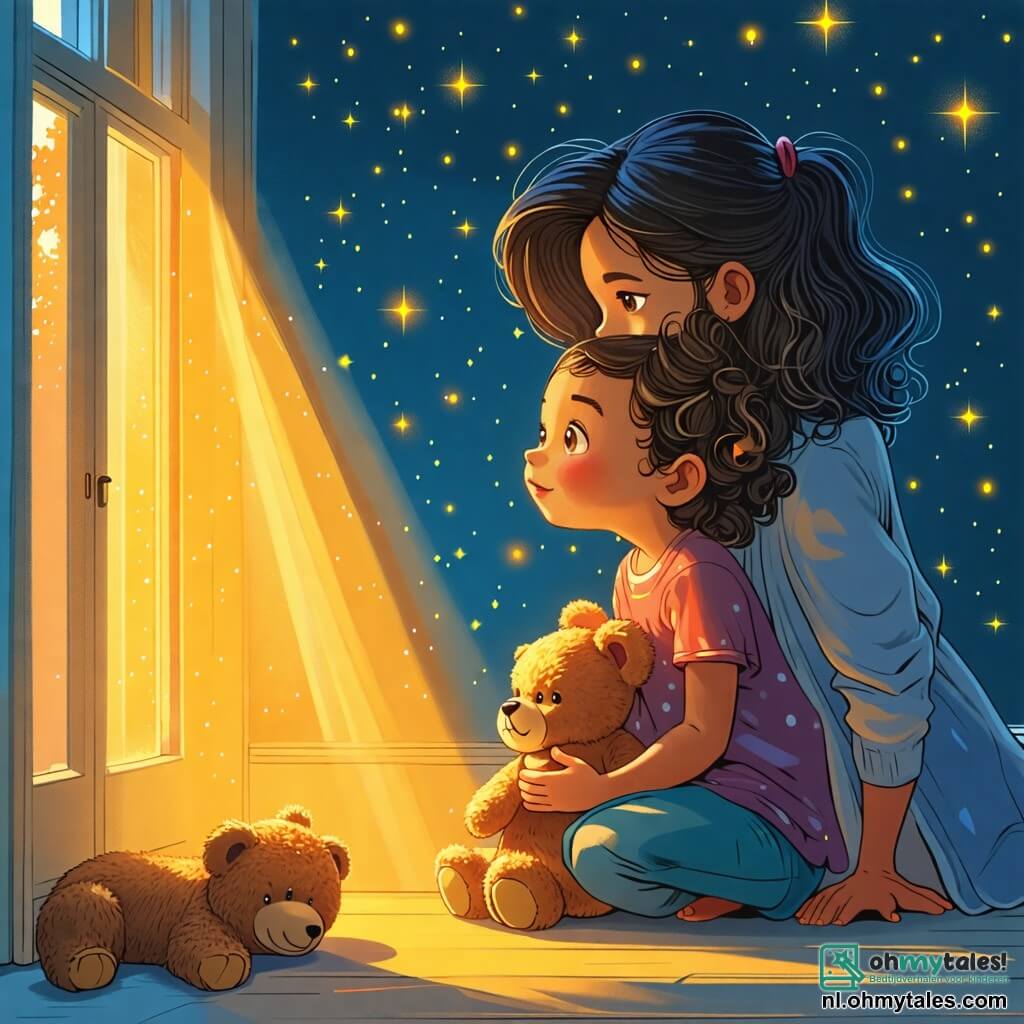Une illustration sous forme de dessin destinée aux enfants représentant une chambre chaleureuse et légèrement éclairée par la lumière des étoiles à travers une fenêtre, où une petite fille de 2 ans aux cheveux bouclés et aux yeux pétillants, serrant un ours en peluche contre elle, regarde avec curiosité une ombre projetée sur le mur, tandis que sa maman, une femme douce avec un sourire rassurant, s'agenouille à côté d'elle pour lui murmurer des mots apaisants, créant une atmosphère de tendresse et de sécurité face à la peur du noir.