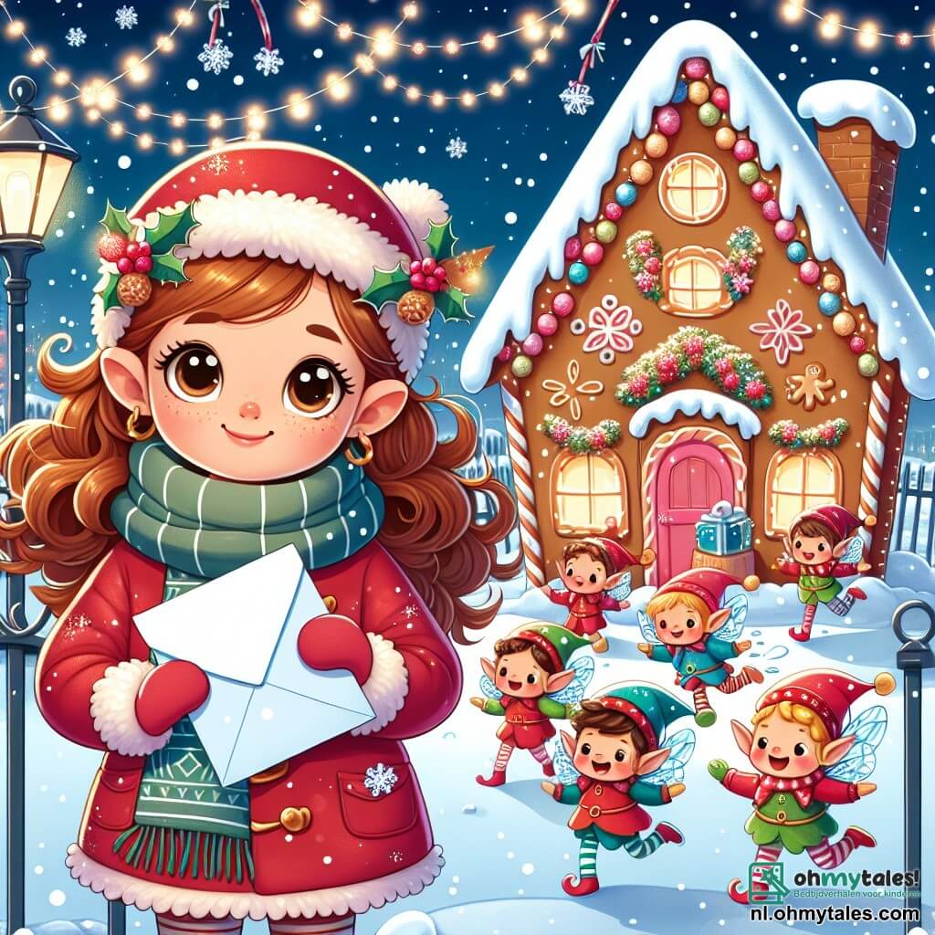 Une illustration sous forme de dessin destinée aux enfants représentant un charmant village enneigé, avec des maisons en pain d'épice décorées de guirlandes lumineuses, au premier plan une fille de 11 ans aux cheveux bruns et bouclés, portant un manteau rouge et une écharpe en laine, tenant une lettre adressée au Père Noël, entourée de petits elfes aux ailes scintillantes, souriants et vêtus de costumes colorés, tous en train de célébrer la magie de Noël en dansant et chantant joyeusement, tandis que des flocons de neige tombent doucement du ciel étoilé.