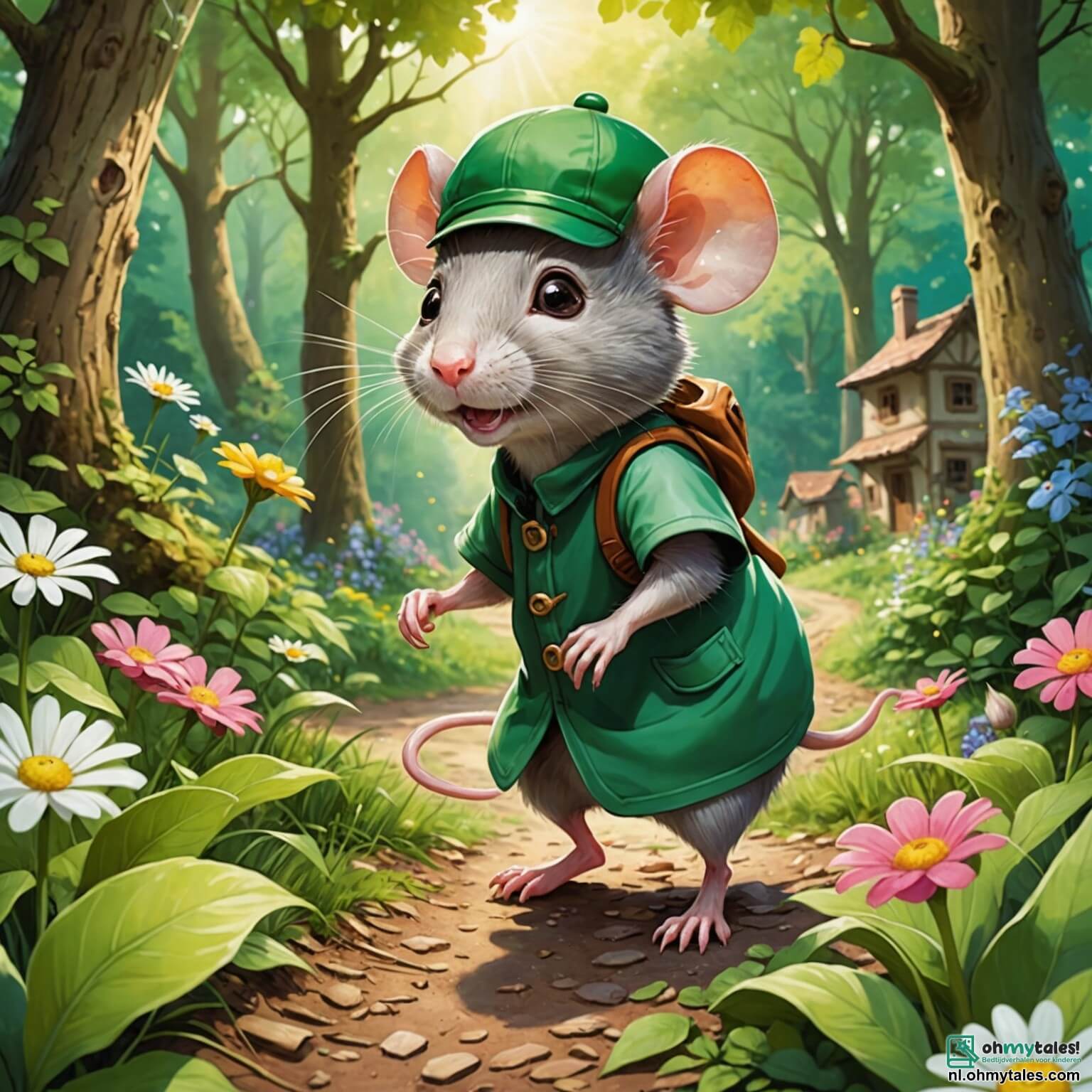 Une illustration destinée aux enfants représentant un rat espiègle au pelage soyeux et aux yeux pétillants de malice, portant une petite casquette verte inclinée sur sa tête, se faufilant avec agilité dans un charmant village niché au cœur d'une forêt verdoyante, où les rayons du soleil filtrent à travers le feuillage des grands chênes, illuminant des fleurs colorées qui dansent au gré du vent, tandis que ce petit rongeur, entouré de ses amis joyeux, un lapin curieux aux grandes oreilles, une écureuil vive et un chien loyal, s'apprête à organiser un jeu de cache-cache palpitant qui promet de nombreuses aventures et éclats de rire.