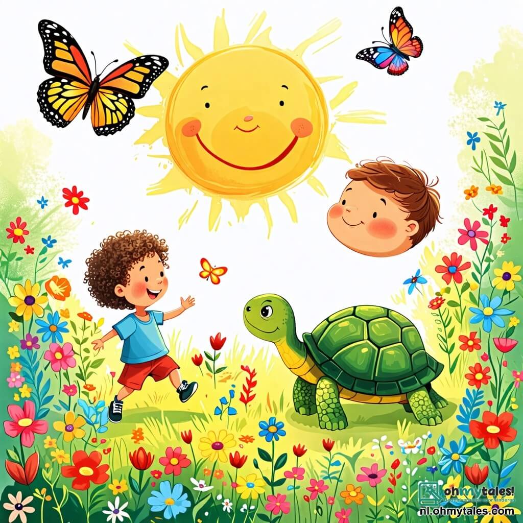 Une illustration sous forme de dessin destinée aux enfants représentant un jardin ensoleillé rempli de fleurs colorées, où un petit garçon de 2 ans aux cheveux bouclés et aux yeux pétillants joue joyeusement, entouré d'une belle vlinder aux ailes multicolores qui vole autour de lui, tandis qu'une sage tortue au dos ridé et à la carapace verte s'approche lentement, le regardant avec bienveillance, alors qu'ils discutent de la liberté et de l'écoute dans une atmosphère magique et paisible.