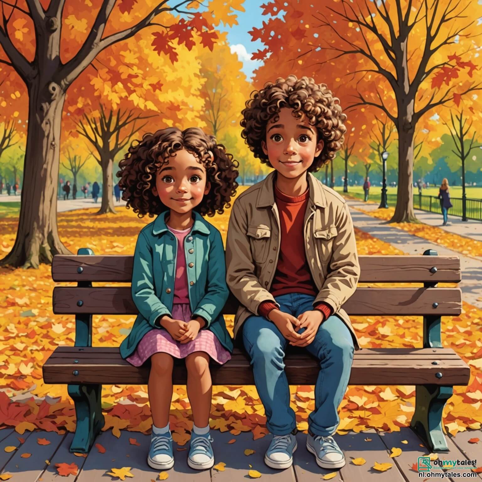 Une illustration destinée aux enfants représentant une petite fille aux cheveux bouclés et aux yeux pétillants, assise sur un banc en bois dans un parc aux couleurs chatoyantes, entourée de feuilles d'automne virevoltant autour d'elle, alors qu'elle observe avec mélancolie sa mère, une femme au visage fatigué mais souriant, discutant avec son père, un homme au regard pensif, tous deux se tenant à distance l'un de l'autre, symbolisant la séparation et le divorce, tandis que des enfants jouent joyeusement en arrière-plan, insouciants des tourments de la petite fille qui se sent perdue entre deux mondes, cherchant à comprendre les changements qui bouleversent son quotidien.