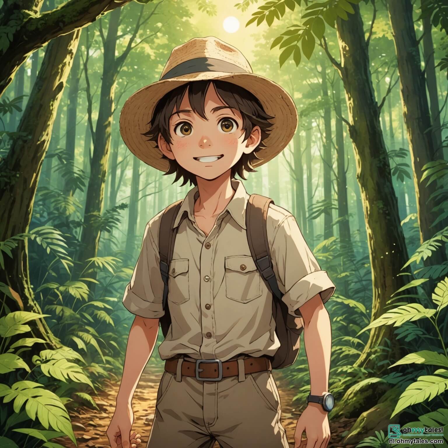 Une illustration destinée aux enfants représentant un homme au regard pétillant et à la chevelure ébouriffée, vêtu d'une chemise en toile beige et d'un chapeau de paille, fouillant avec enthousiasme un sol riche en mystères au cœur d'une forêt verdoyante, où les rayons du soleil filtrent à travers les feuilles des arbres majestueux, tandis qu'une fillette aux yeux brillants et aux nattes rieuses, ainsi qu'un garçon curieux aux lunettes rondes, l'accompagnent dans sa quête palpitante à la recherche de fossiles et de trésors oubliés, tout en écoutant les histoires fascinantes de cet aventurier passionné.