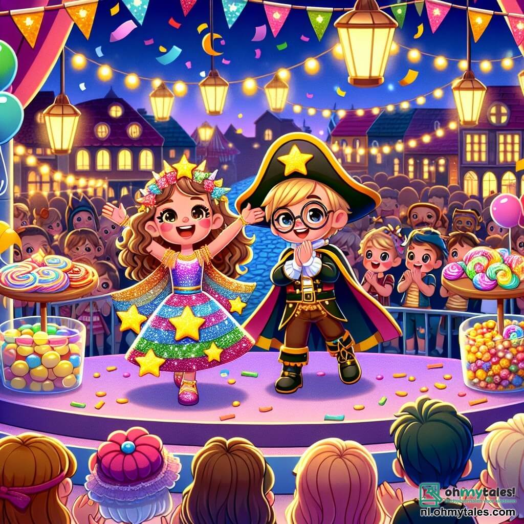 Illustratie van een kleurrijk carnaval in een groot dorp, met kraampjes vol lekkernijen en feestelijke decoraties in de vorm van ballonnen en slingers. In het midden danst een 7-jarig meisje met lange, krullende, bruine haren vrolijk op het podium, gekleed in een glinsterend sterrenkostuum en een felgekleurde regenboogcape. Naast haar staat een 7-jarig jongetje met blond haar en ronde brillen, enthousiast klappend in zijn piratenkostuum. De scène wordt opgefleurd door confetti die uit de lucht valt en glimlachende toeschouwers in verschillende kostuums, wat een feestelijke en blije sfeer creëert. Op de achtergrond verlichten lampionnen de schemerige lucht en voegen een magisch tintje toe aan dit viermoment.
