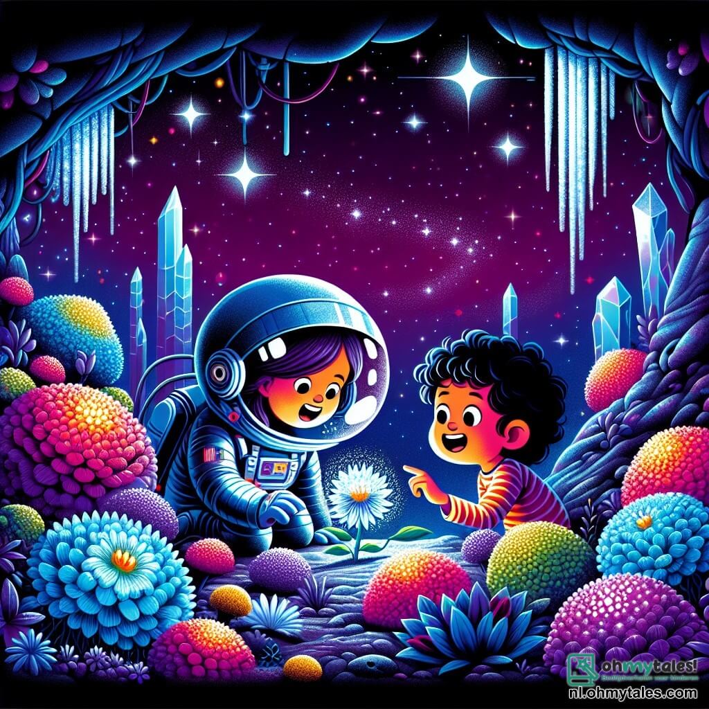 Illustratie die een levendige scène op een mysterieuze planeet weergeeft, waar bloemen in heldere kleuren van blauw, paars en zilver schitteren onder een sterrenhemel. In het midden van de afbeelding staat een vrouwelijke astronaut in een glanzend ruimtepak, met een doorzichtig vizier dat haar glimlachende gezicht en zwevende kastanjebruine haar onthult, terwijl ze verwonderd de schoonheid om zich heen observeert. Aan haar zijde staat een jonge jongen van ongeveer elf jaar, met krullend haar en sprankelende nieuwsgierige ogen, die met zijn vinger wijst naar een vreemde, lichtgevende plant die een zachte gloed uitstraalt. De vrouw hurkt om de plant beter te bekijken, terwijl de jongen enthousiast verhalen deelt over zijn ondergrondse wereld. Op de achtergrond voegen vreemde rotsformaties en schitterende kristallen een magische toets toe aan deze ongelooflijke ontdekking, waardoor een sfeer van avontuur en verwondering ontstaat.
