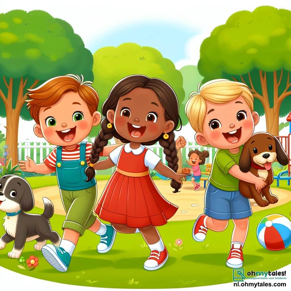 Une illustration sous forme de dessin destinée aux enfants représentant un parc ensoleillé avec des arbres verdoyants et une aire de jeux colorée, où une petite fille de 5 ans aux cheveux bruns tressés et portant une robe rouge joue joyeusement au ballon, entourée de deux amis : un garçon de 6 ans aux cheveux blonds et à la peau claire qui sourit en tenant un chien, et une fille de 5 ans aux cheveux noirs et à la peau marron qui rit en se cachant derrière un arbre, illustrant un moment de joie et d'amitié entre enfants de différentes origines, célébrant la diversité et l'inclusion.