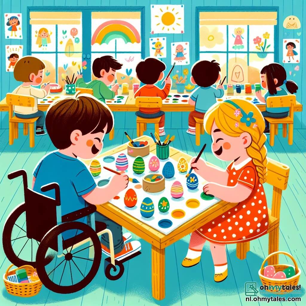 Illustratie van een heldere en kleurrijke klaslokaal, met muren versierd met kindertekeningen en ramen die zonlicht binnenlaten. In het midden staat een grote houten tafel bedekt met verfdozen en houten eieren die klaar zijn om versierd te worden. Een jongen van ongeveer 8 jaar, zittend in een rolstoel, heeft bruin haar en draagt een blauwe t-shirt. Hij glimlacht blij terwijl hij met de ene hand een penseel vasthoudt en met de andere een blauw ei waarop hij groene strepen schildert. Naast hem springt een 7-jarig meisje met blond gevlochten haar en een rode jurk met stippen van opwinding. Ze houdt een rood ei vast versierd met kleine gele sterren en toont trots haar werk. De scène vangt het moment waarop de twee vrienden hun enthousiasme voor het versieren van paaseieren delen, omringd door hun klasgenoten die druk bezig zijn met het maken van kleurrijke creaties. Kleine mandjes gevuld met snoep en verrassingen liggen verspreid over de tafel, wat een feestelijke sfeer toevoegt aan de vrolijke atmosfeer van de klas.