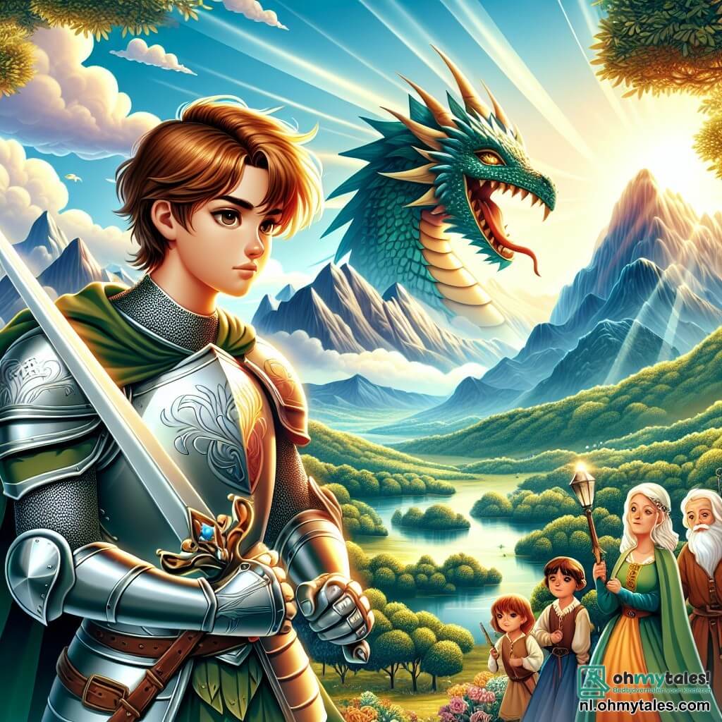 Une illustration sous forme de dessin destinée aux enfants représentant un paysage majestueux de montagnes verdoyantes et de cieux ensoleillés, où un jeune chevalier aux cheveux châtains et aux yeux déterminés, portant une armure brillante et brandissant un épée, se tient courageusement face à une imposante dragon aux écailles scintillantes, tandis qu'un groupe de villageois aux visages inquiets, comprenant une vieille femme avec une robe colorée et un jeune garçon aux yeux écarquillés, observe la scène avec espoir et crainte, capturant ainsi le moment décisif où le chevalier défie le dragon pour protéger son village.