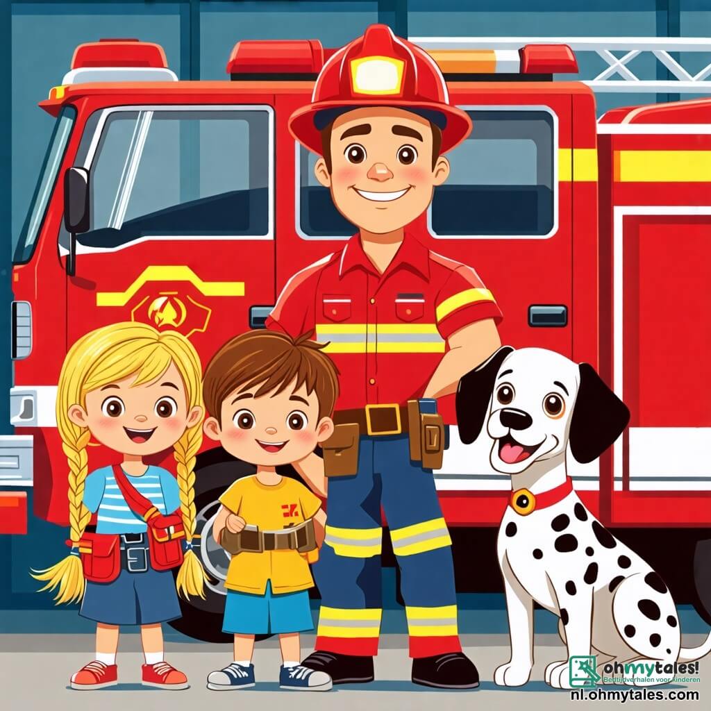Une illustration sous forme de dessin destinée aux enfants représentant une scène vibrante dans une caserne de pompiers, où un homme musclé avec un casque rouge et une combinaison de pompier brillante, souriant et confiant, montre aux enfants curieux, une fille aux cheveux blonds en tresses et un garçon aux cheveux bruns, comment fonctionne une grande camion de pompier, avec des lumières clignotantes et une sirène retentissante, tandis qu'un dalmatien amical se tient à leurs pieds, ajoutant une touche joyeuse à cette aventure éducative sur le métier de pompier.