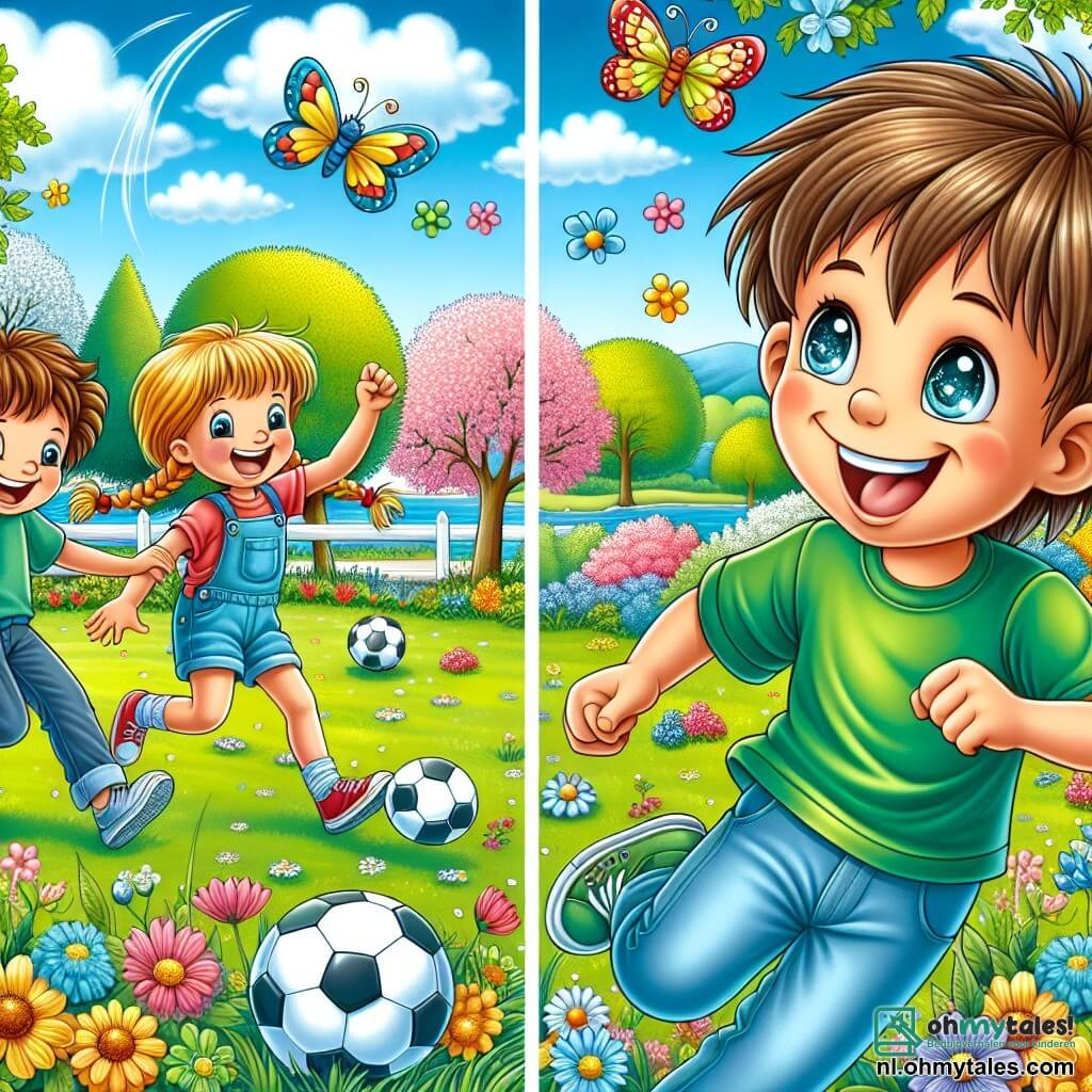 Une illustration sous forme de dessin destinée aux enfants représentant un parc printanier ensoleillé, avec des arbres en fleurs et un ciel bleu parsemé de nuages blancs, où un garçon de 9 ans aux cheveux bruns et aux yeux pétillants, vêtu d'un T-shirt vert, joue au football avec enthousiasme, tandis que deux amis, une fille aux cheveux blonds tressés et un garçon aux cheveux châtains, l'encouragent en riant, entourés de fleurs colorées et de papillons virevoltant, capturant l'esprit joyeux et aventureux du printemps.