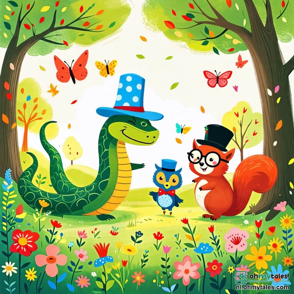 Une illustration sous forme de dessin destinée aux enfants représentant un parc ensoleillé avec de grands arbres verts et des fleurs colorées, où un serpent joyeux aux écailles vertes et portant une grande casquette bleue à pois blancs danse avec enthousiasme, tandis qu'une éekhoorn rousse avec une petite cravate rouge saute autour de lui et un hibou sage avec des lunettes et un chapeau noir les observe en souriant, le tout illustrant une joyeuse mode-show improvisée entre amis.