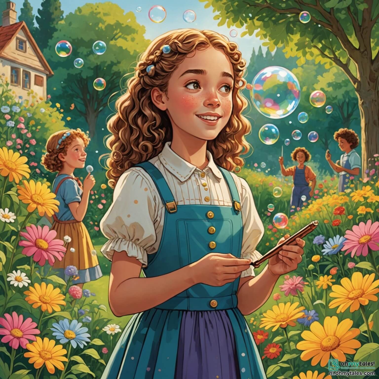 Une illustration destinée aux enfants représentant une jeune femme à la voix envoûtante, dont les notes s'élèvent comme des bulles de savon dans l'air frais du matin, se tenant dans un jardin luxuriant rempli de fleurs éclatantes aux couleurs vives, où des enfants aux visages rayonnants, un garçon aux cheveux bouclés et une fille aux tresses dorées, l'écoutent avec émerveillement, alors qu'elle se prépare à participer à une grande compétition de chant dans le charmant petit village de Muziekstad, où les maisons aux façades pastel sont ornées de balcons fleuris et où l'odeur des gâteaux fraîchement cuits flotte dans l'air.