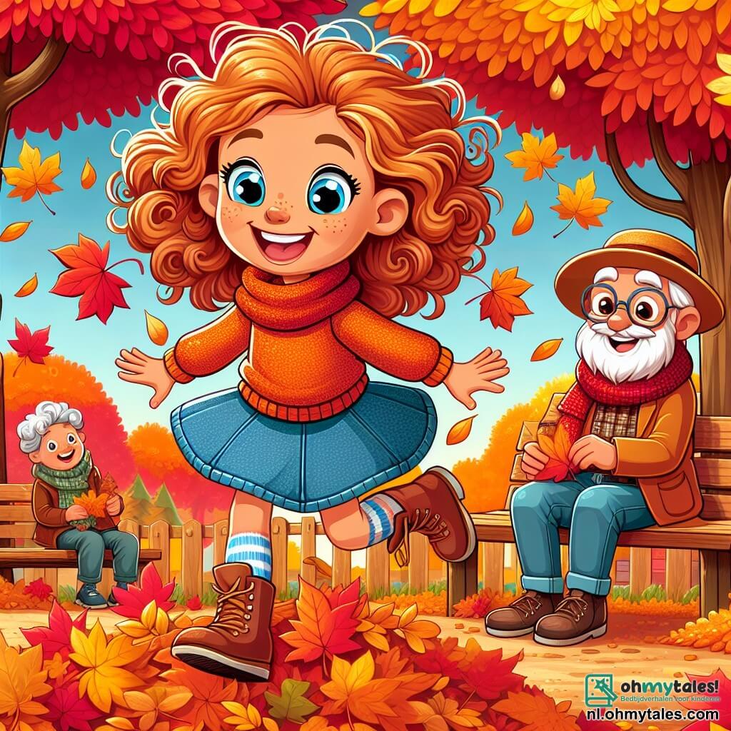 Une illustration sous forme de dessin destinée aux enfants représentant un parc d'automne vibrant de couleurs, avec des feuilles dorées et rouges tombant des arbres, où une petite fille de 5 ans aux cheveux bouclés et aux yeux pétillants, vêtue d'un pull orange et d'une jupe en jean, saute joyeusement dans une pile de feuilles, tandis qu'une mère souriante aux cheveux châtains et portant une écharpe en laine observe avec tendresse, et un vieux monsieur à la barbe blanche et au chapeau de paille, assis sur un banc, raconte des histoires aux arbres, capturant l'esprit d'aventure et de découverte de la saison.