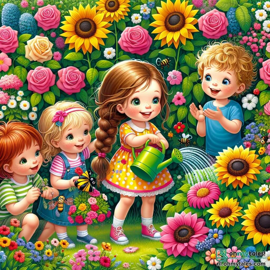 Illustratie van een prachtige kleurrijke tuin, vol met schitterende bloemen in alle kleuren: rozen, zonnebloemen en madeliefjes, omringd door weelderig groen. In het midden is een groep van vier kinderen, twee meisjes en twee jongens, die vrolijk bezig zijn. Het eerste meisje, ongeveer zes jaar oud, heeft lange, gevlochten bruine haren en draagt een gele jurk met stippen. Ze water geeft aan de bloemen met een kleine groene gieter, haar gezicht straalt van blijdschap. Het tweede kind, een zesjarige jongen, heeft rommelig blond haar en draagt een blauwe t-shirt. Hij kijkt gefascineerd naar een bij die rond de bloemen vliegt. Het derde kind, een meisje met krullend rood haar, draagt een roze t-shirt en een spijkerbroek. Ze houdt een houten bord vast met de tekst "Laten we de natuur liefhebben!" en heeft een grote glimlach. Ten slotte is het vierde kind, een jongen met kort bruin haar, gekleed in een strohoed en groene korte broek. Hij vult een grote regenwaterton, klaar om de planten water te geven. De sfeer is vrolijk en speels, met vlinders die rondvliegen en een blauwe lucht vol met witte wolken. Tuingereedschap, zoals een kleine schep en een gieter, liggen verspreid om hen heen, wat een dynamische touch aan deze scène van samenwerking en liefde voor de natuur toevoegt.