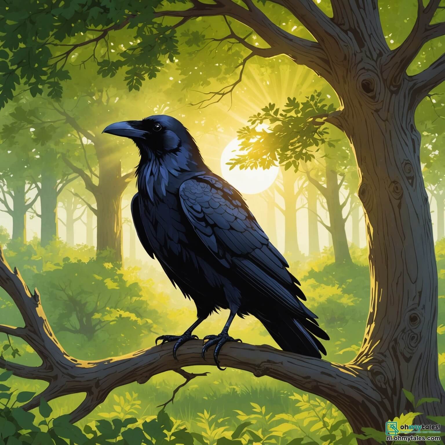 Une illustration destinée aux enfants représentant un corbeau aux plumes d'un noir éclatant, scintillant sous les rayons dorés du soleil, perché sur une branche d'un vieux chêne majestueux, entouré de feuilles vertes et chatoyantes, tandis qu'il observe avec curiosité un petit lapin au pelage doux et soyeux, au regard inquiet, qui cherche désespérément sa précieuse carotte perdue dans la clairière ensoleillée, où des fleurs colorées dansent au gré du vent et où le chant mélodieux des oiseaux résonne, créant une atmosphère magique et pleine d'aventures à chaque coin de ce paisible bois.