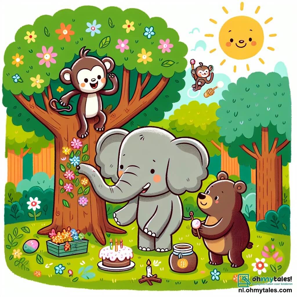 Une illustration sous forme de dessin destinée aux enfants représentant une clairière ensoleillée au cœur d'une forêt colorée, avec un grand éléphant gris aux grandes oreilles joyeusement en train de décorer un arbre avec des fleurs et des feuilles, tandis qu'un petit singe espiègle aux poils bruns grimpe sur ses épaules, et un ours brun souriant tient une grande jarre de miel à côté d'eux, tous préparant ensemble une fête d'anniversaire pleine de rires et de camaraderie.