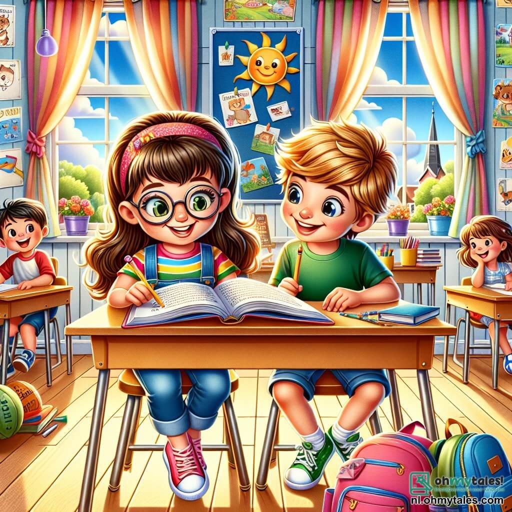Illustratie van een lichte en kleurrijke klaslokaal, met muren versierd met educatieve posters en ramen die zonlicht binnenlaten. In het midden zit een 11-jarig meisje met lang bruin haar en ronde bril aan een houten bureau, geconcentreerd op een groot open boek voor haar. Ze draagt een gestreept T-shirt en een spijkerbroek, en houdt een potlood in haar hand, klaar om aantekeningen te maken. Naast haar kijkt een 11-jarig jongetje met rommelig blond haar en een stralende glimlach nieuwsgierig naar het boek van het meisje. Hij draagt een groene T-shirt en een blauwe short. De scène toont de opwinding van het nieuwe schooljaar, met glimlachende leerlingen eromheen, schoolbenodigdheden verspreid over de bureaus, en een vrolijke, studieuze sfeer. Tekeningen van dieren en landschappen hangen aan het bord, wat een creatieve toets aan de omgeving toevoegt.