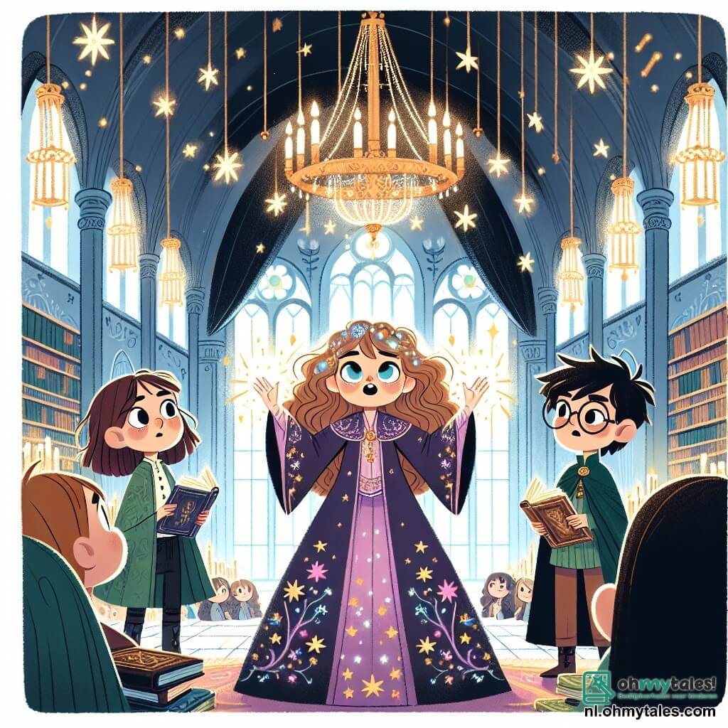 Une illustration sous forme de dessin destinée aux enfants représentant une grande halle magique d'une académie de sorcellerie, ornée de chandeliers scintillants et de livres volants, où une jeune sorcière aux cheveux longs et ondulés, vêtue d'une robe violette ornée d'étoiles, se tient au centre, levant les bras pour exécuter une puissante incantation, tandis qu'à ses côtés, deux amis, une fille aux cheveux courts et pétillants, vêtue d'une tunique verte, et un garçon aux lunettes rondes et aux cheveux bruns, regardent avec émerveillement, alors qu'une lumière éclatante jaillit de ses mains, symbolisant la découverte de la magie et l'union de l'amitié.