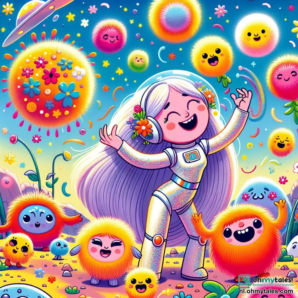 Une illustration sous forme de dessin destinée aux enfants représentant une scène colorée sur la planète Zonnig, avec une femme exploratrice aux cheveux longs et brillants, vêtue d'une combinaison spatiale étincelante, souriante et entourée de petits êtres doux et ronds appelés Fluffels, qui dansent joyeusement autour d'elle tandis qu'elle montre avec enthousiasme les réparations de son vaisseau spatial, le tout sous un ciel éclatant de couleurs vives et de fleurs dansantes.