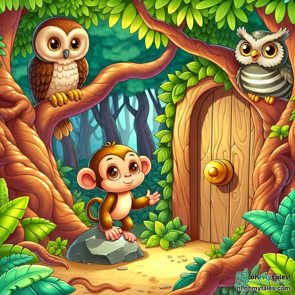 Une illustration sous forme de dessin destinée aux enfants représentant une jungle luxuriante avec des arbres aux troncs épais et des feuilles vertes éclatantes, où un petit singe à la fourrure douce et dorée, aux yeux pétillants de curiosité, se tient debout devant une porte mystérieuse ornée d'une poignée dorée, tandis qu'une sage chouette aux plumes brunes et aux lunettes perchées sur son nez observe la scène depuis une branche, et une petite tortue au dos rayé, luttant pour pousser une grosse pierre, ajoute une touche de camaraderie à cette quête d'aventure et de découvertes.