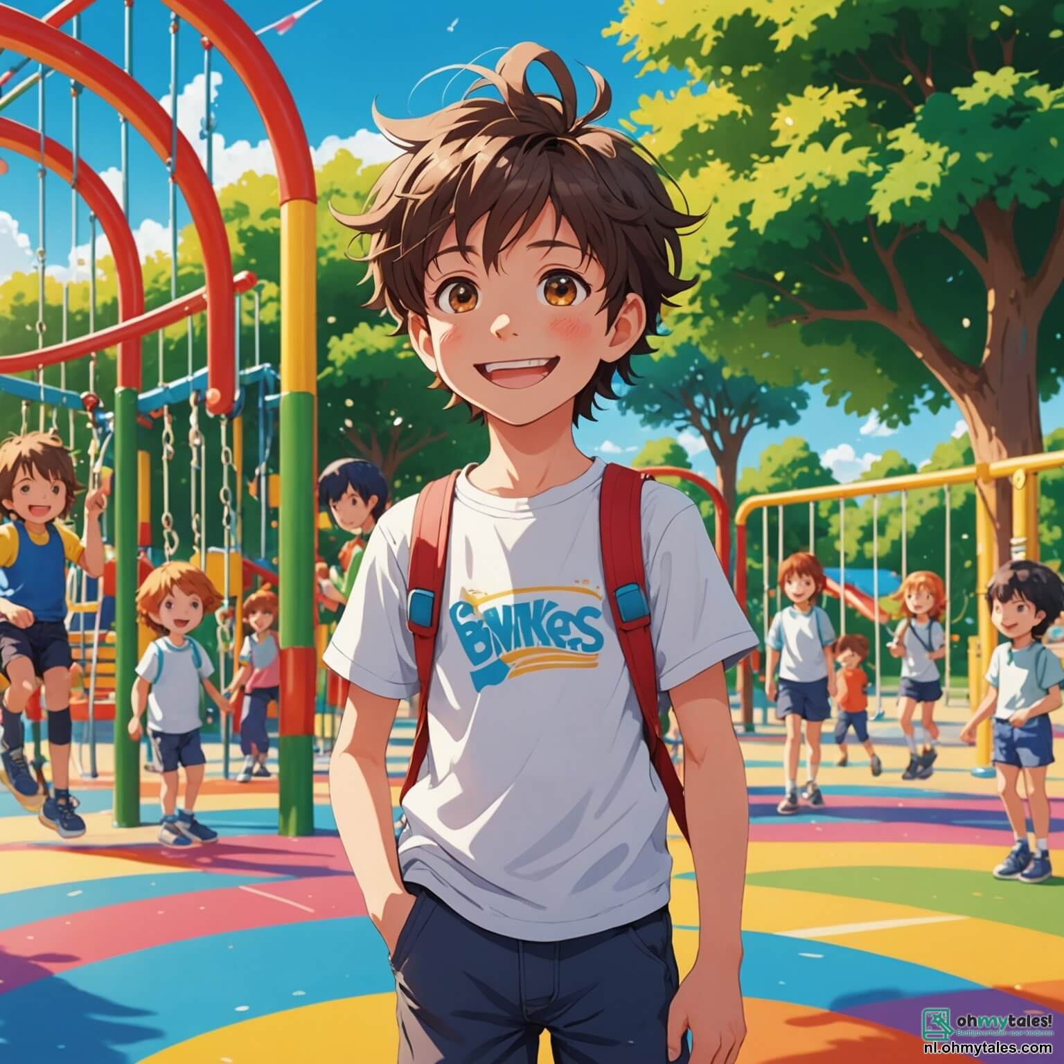 Une illustration destinée aux enfants représentant un garçon au sourire espiègle, avec des cheveux en bataille et des yeux pétillants de malice, se tenant au milieu d'une cour de récréation colorée, entourée de balançoires qui grincent doucement, de toboggans scintillants sous le soleil, et de groupes d'enfants riant aux éclats, tandis qu'il tente de convaincre ses amis, une fille aux couettes rebondissantes et un garçon à la casquette vissée sur la tête, de participer à une course folle pour attraper un ballon géant qui s'est échappé, flottant comme un nuage de fête au-dessus de leurs têtes, créant une atmosphère de joie et de camaraderie où chaque éclat de rire résonne comme une mélodie d'amitié.