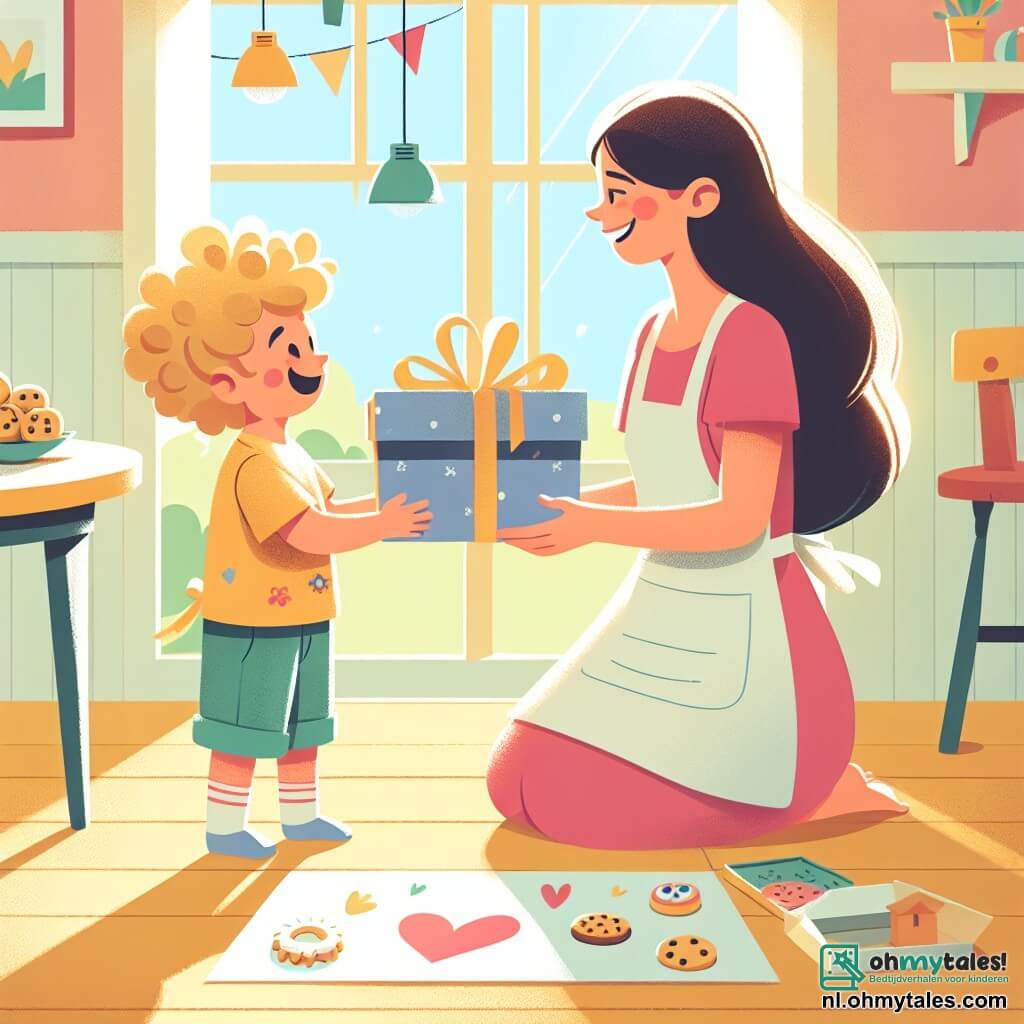 Une illustration sous forme de dessin destinée aux enfants représentant une cuisine ensoleillée avec des murs pastel et des fenêtres ouvertes laissant entrer la lumière, où un petit garçon de 3 ans aux cheveux bouclés et aux yeux pétillants, portant un t-shirt coloré et un short, est en train de tendre un cadeau joliment emballé à sa maman, une femme souriante aux cheveux longs et bruns, vêtue d'un tablier, qui regarde son fils avec émerveillement et tendresse, tandis qu'une table est remplie de biscuits fraîchement cuits et un cœur dessiné sur le sol en papier coloré symbolise l'amour partagé pour la fête des mères.