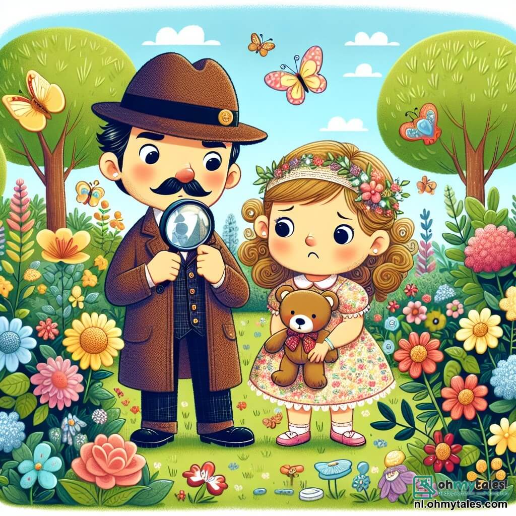 Une illustration sous forme de dessin destinée aux enfants représentant un jardin ensoleillé rempli de fleurs colorées et d'arbres verdoyants, où un homme détective avec un sourire amical, portant un chapeau de feutre et une loupe à la main, examine attentivement le sol à la recherche d'indices, tandis qu'une petite fille aux cheveux bouclés et au joli rocher fleuri, inquiète mais déterminée, regarde autour d'elle en tenant un ours en peluche, alors qu'ils cherchent ensemble le précieux Teddy disparu, entourés de papillons virevoltant et d'oiseaux chantants.