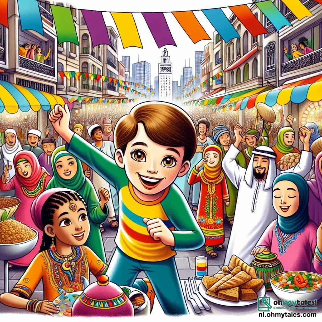 Une illustration sous forme de dessin destinée aux enfants représentant une scène vibrante d'un festival culturel dans une rue animée de la ville, où un garçon de 11 ans aux cheveux bruns et aux yeux pétillants, vêtu d'un t-shirt coloré et d'un short, danse joyeusement au milieu de la foule, entouré de personnes de différentes origines, dont une fille d'origine marocaine avec une belle robe traditionnelle et un sourire éclatant, qui lui montre des spécialités culinaires, tandis que des drapeaux colorés flottent au-dessus d'eux, symbolisant la diversité et l'unité des cultures.