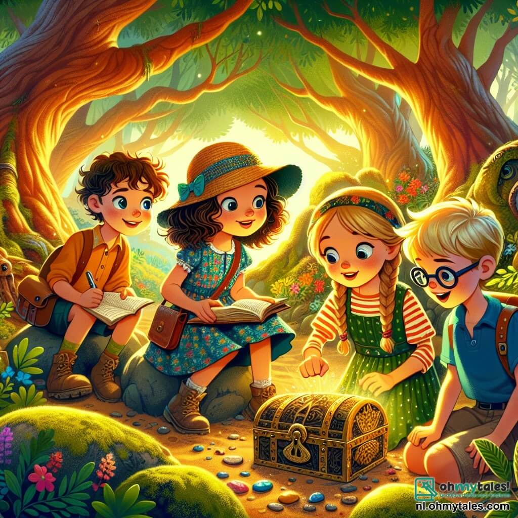 Illustratie die een magische scène in een betoverd bos weergeeft, waar grote bomen met knoestige stammen majestueus oprijzen, hun felgroene bladeren filteren het zonlicht dat gouden patronen op de grond creëert. In het midden van deze scène staan vier jonge avonturiers, twee meisjes en twee jongens van ongeveer tien jaar, verzameld rond een grote met mos bedekte steen. Het eerste meisje, met bruin, krullend haar, draagt een kleurrijke jurk en heeft een sprankelende blik van opwinding, terwijl ze een oude kompas in haar hand houdt. Naast haar staat een jongen met blond, kort haar, gekleed in een gestreept t-shirt, die glimlacht terwijl hij een open notitieboekje vasthoudt, klaar om hun ontdekkingen op te schrijven. Het tweede meisje, met vlechten en een strohoed, hurkt en krabt met haar handen in de grond, terwijl ze een mysterieuze oude doos ontdekt. Ten slotte observeert de laatste jongen, met een bril en een blauw t-shirt, aandachtig een grote slang die zich nieuwsgierig en vriendelijk naar hen toe beweegt. De hoofdscène toont deze jonge avonturiers die een oude doos in de grond ontdekken, omringd door kleurrijke bloemen en nieuwsgierige kleine dieren die naar hen kijken. De sfeer is gevuld met magie en verwondering, met zonnestralen die de scène verlichten, wat een gevoel van avontuur en kameraadschap creëert.
