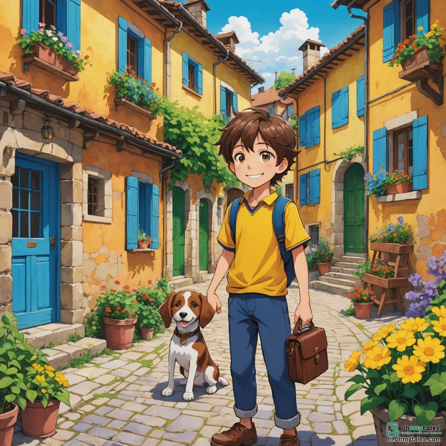 Une illustration destinée aux enfants représentant un garçon aux cheveux bruns en bataille, aux yeux pétillants de curiosité, se tenant dans un village pittoresque où les maisons colorées aux volets bleus et jaunes s'alignent le long de ruelles pavées, entouré de champs verdoyants parsemés de fleurs éclatantes, tandis qu'il s'apprête à vivre une aventure palpitante avec son meilleur ami, un autre garçon au sourire contagieux, tous deux déterminés à sauver un petit chien perdu, le tout sous un ciel azur parsemé de nuages cotonneux.