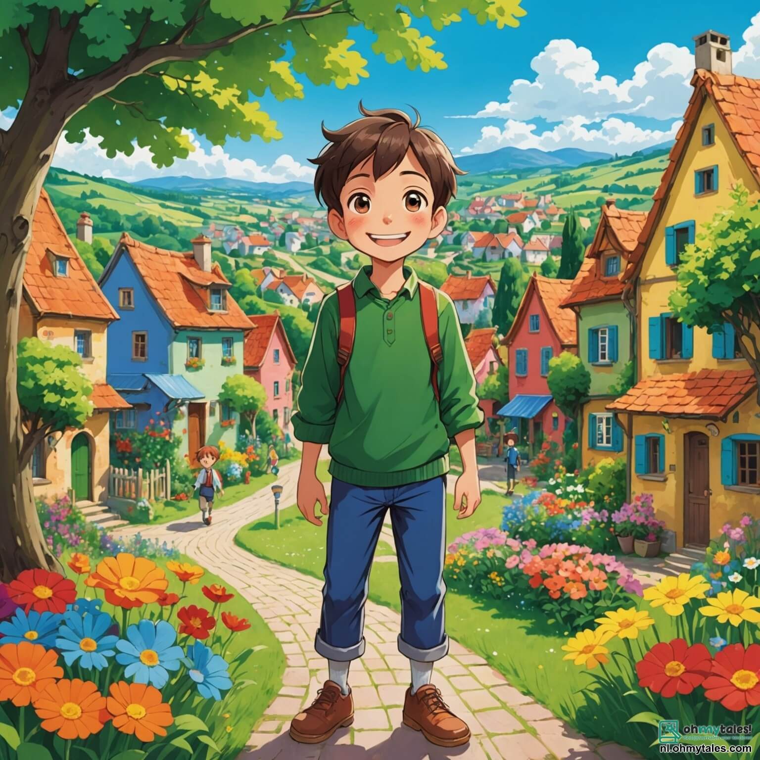 Une illustration destinée aux enfants représentant un garçon au sourire éclatant et aux yeux pétillants de curiosité, se tenant au milieu d'un village pittoresque aux maisons colorées et aux jardins fleuris, où il fait la connaissance d'un nouvel ami, un garçon aux origines différentes, tandis qu'autour d'eux, des enfants de tous horizons jouent ensemble sur un grand terrain verdoyant, bordé d'arbres majestueux et de fleurs éclatantes, illustrant ainsi la beauté de la tolérance et de l'amitié naissante dans ce cadre enchanteur.