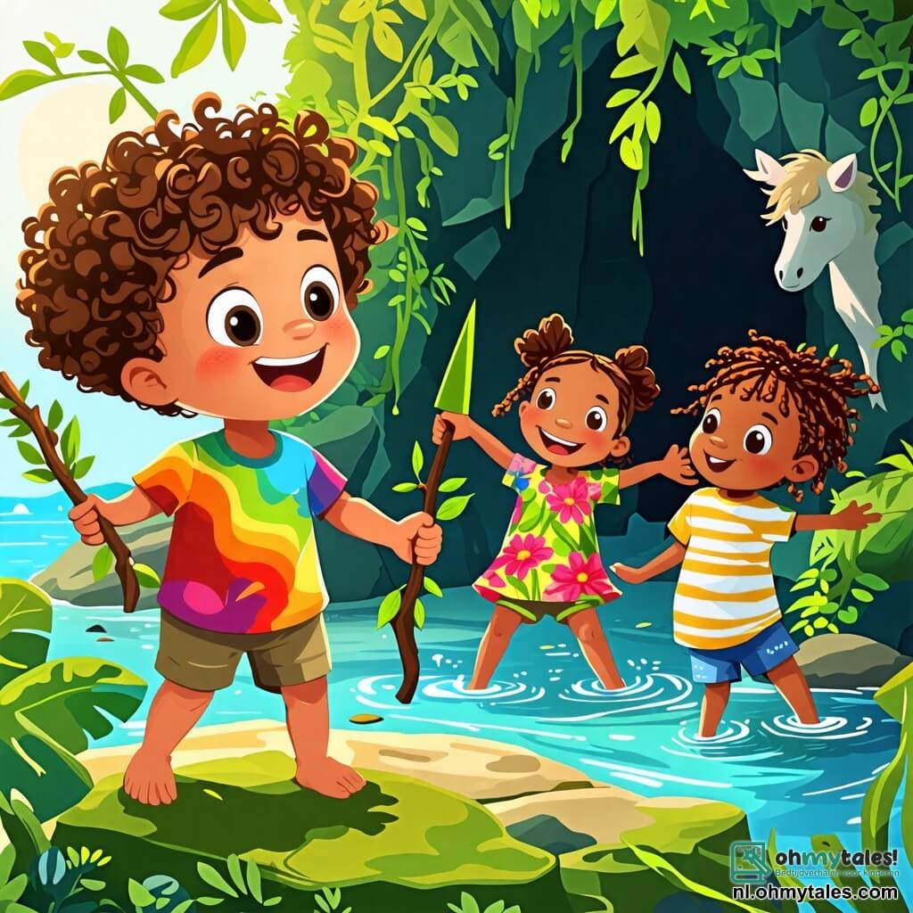 Une illustration sous forme de dessin destinée aux enfants représentant une scène ensoleillée sur un mystérieux îlot verdoyant, où un garçon de 2 ans aux cheveux bouclés et aux yeux pétillants, vêtu d'un t-shirt coloré et d'un short, tient une branche comme un épée tout en souriant, entouré de deux amis : une fille de 2 ans avec des tresses et une robe à fleurs, qui regarde avec curiosité vers une grande grotte sombre, et un garçon de 2 ans musclé avec un t-shirt rayé, qui lève les bras en signe de victoire, alors qu'ils viennent de découvrir l'entrée de la grotte où se cache une légendaire unehoorn.