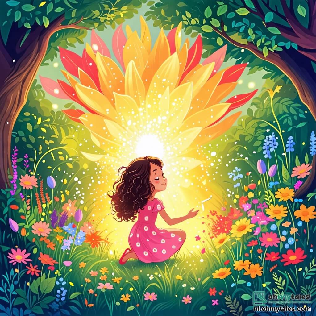 Illustratie van een prachtige scène in een Magische Tuin. De plek is gevuld met kleurrijke bloemen die dansen op de wind, met dikke bomen en schitterend groene bladeren. In het midden straalt een gouden licht uit een mooie bloem met kleurrijke bloemblaadjes, die de omgeving verlicht. Het hoofdpersonage is een klein meisje van 5 jaar, met lange krullende haren en sprankelende nieuwsgierige ogen. Ze draagt een roze jurkje met witte stippen en glanzende roze schoenen. Ze knielt bij de magische bloem, met een verwonderde glimlach op haar gezicht, haar handen uitgestrekt naar de bloem alsof ze deze wil aanraken. Naast haar zit een klein eekhoorntje van nog geen jaar oud, met een bruine vacht en een grote, pluizige staart, die de scène met ondeugende ogen gadeslaat. Het zit op zijn achterpoten, klaar om het meisje te helpen in haar avontuur. De hoofdscène toont het meisje dat de magische bloem ontdekt, vol kleuren, die schittert in het zonlicht. Kleurrijke vlinders fladderen om hen heen, wat een vleugje magie aan de sfeer toevoegt. Op de achtergrond completeren majestueuze bomen en bloeiende struiken dit betoverende tafereel, wat een gevoel van verwondering en avontuur creëert.