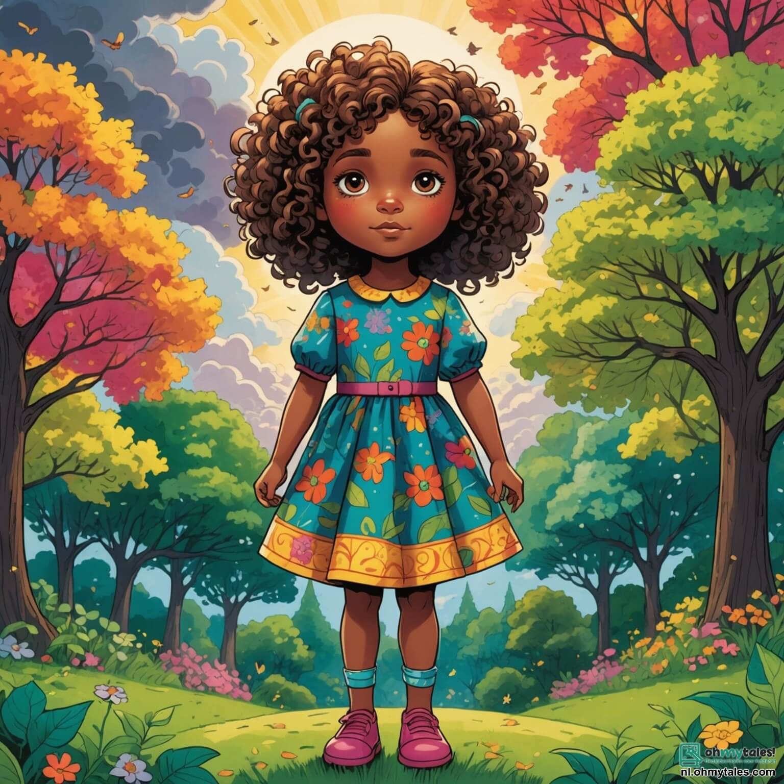 Une illustration destinée aux enfants représentant une petite fille aux cheveux bouclés et aux yeux pétillants, vêtue d'une robe colorée ornée de motifs floraux, se tenant au milieu d'un parc verdoyant où les arbres majestueux se dressent fièrement, leurs feuilles vibrantes de couleurs éclatantes, tandis qu'elle observe avec inquiétude les nuages sombres qui s'accumulent au-dessus d'elle, symbolisant le changement climatique qui menace son monde, entourée de ses amis, un garçon aux lunettes rondes et une fille à la tresse, qui tiennent des pancartes faites main appelant à la protection de la nature, tous trois déterminés à sensibiliser leur communauté à l'importance de préserver leur environnement en organisant des actions pour planter des arbres et nettoyer les déchets, dans un cadre où les fleurs colorées dansent au gré du vent et où le chant des oiseaux se mêle à l'écho de leurs voix pleines d'espoir.